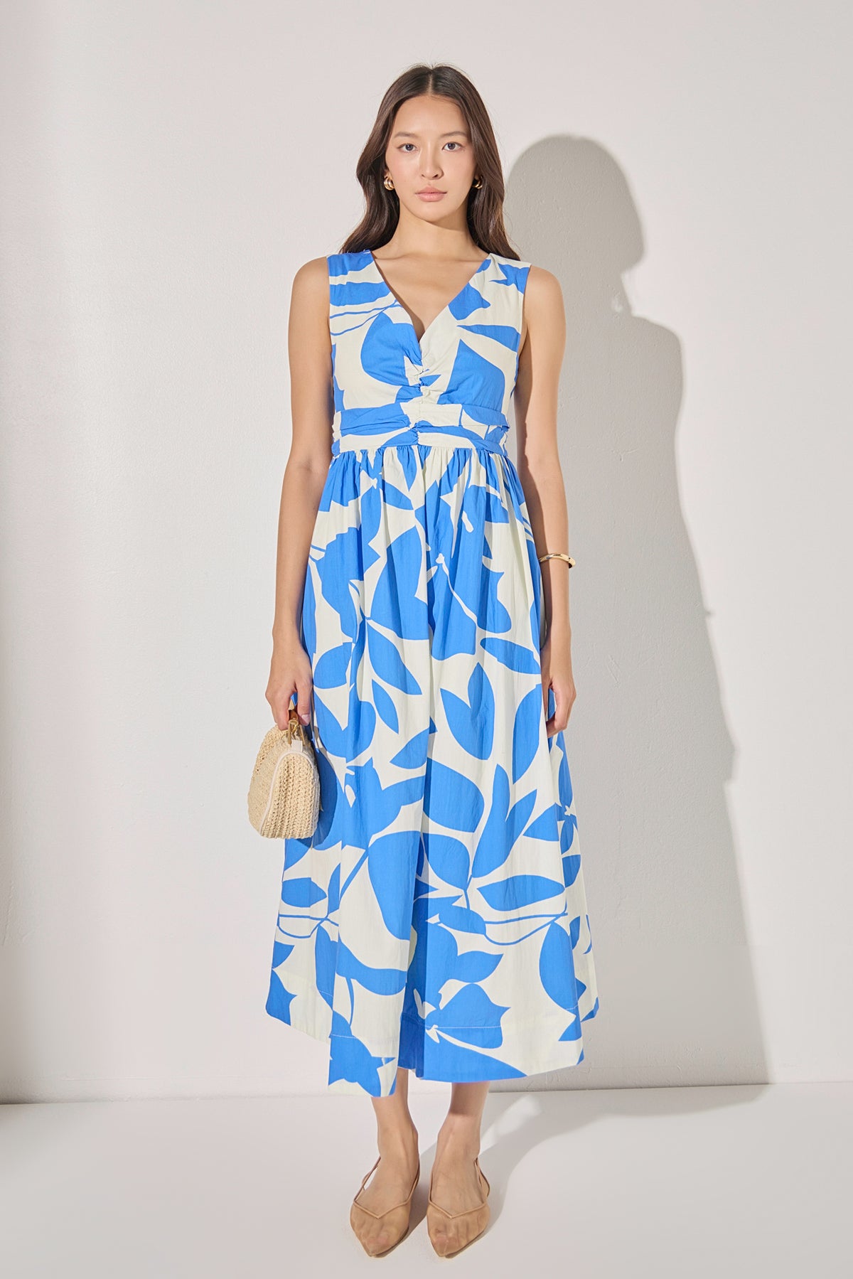 Puff Sleeve Print Ruched Midi Dress
