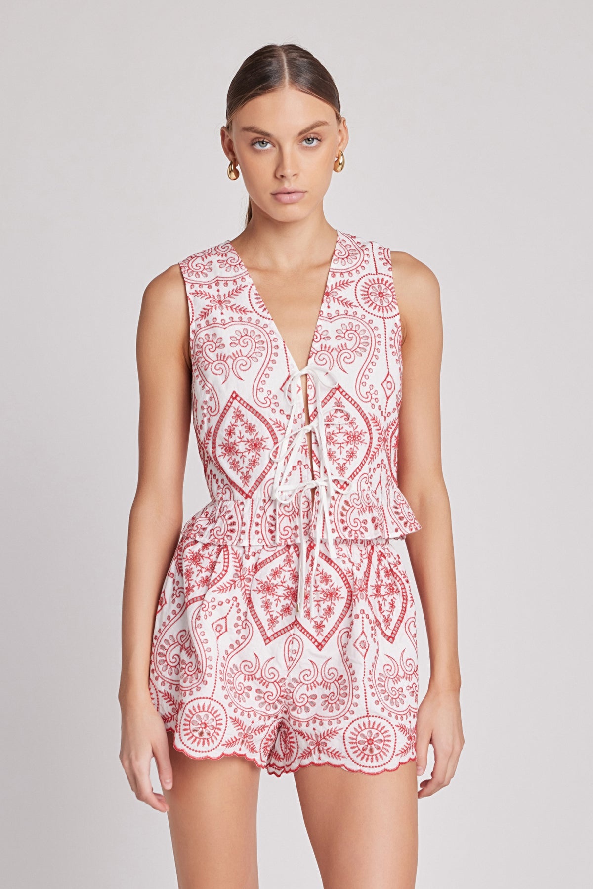 Embroidered Front Tie Sleeveless Top
