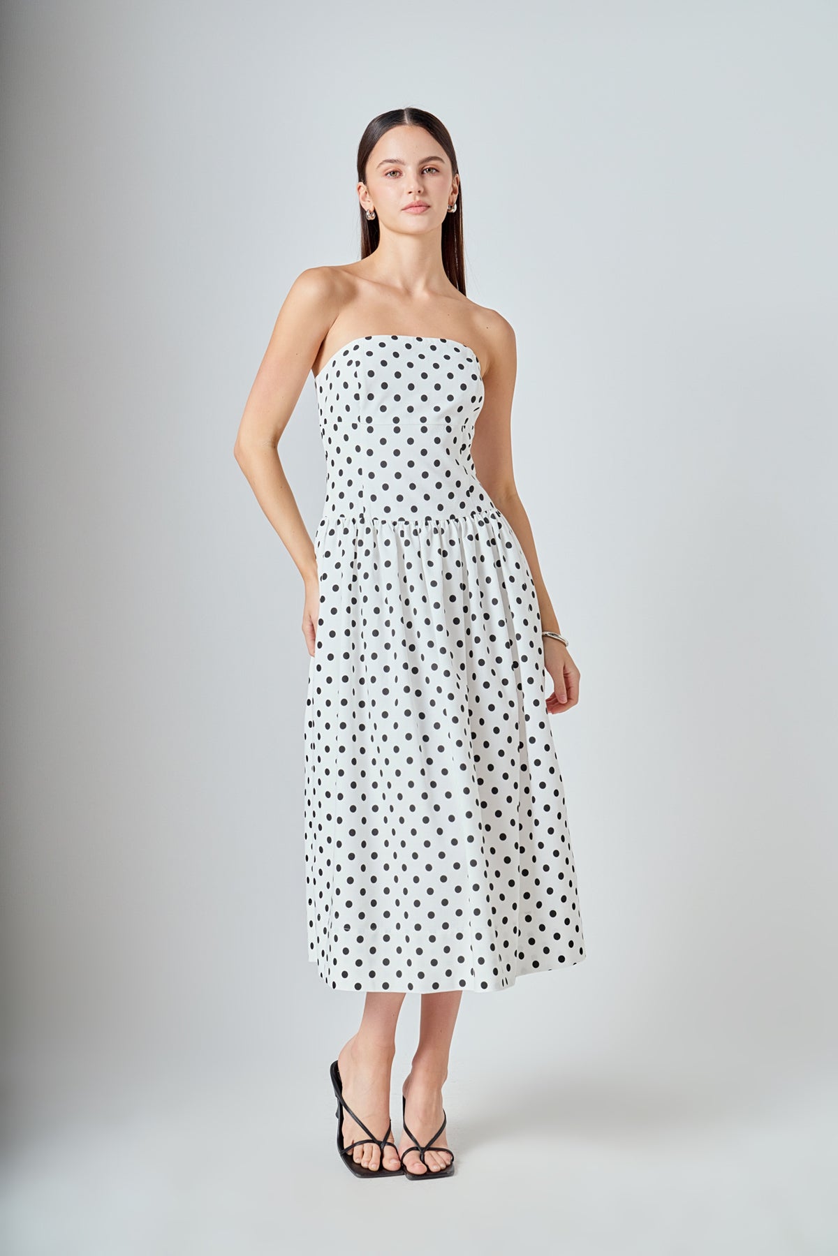 Strapless Polka Dot Taffeta Midi Dress