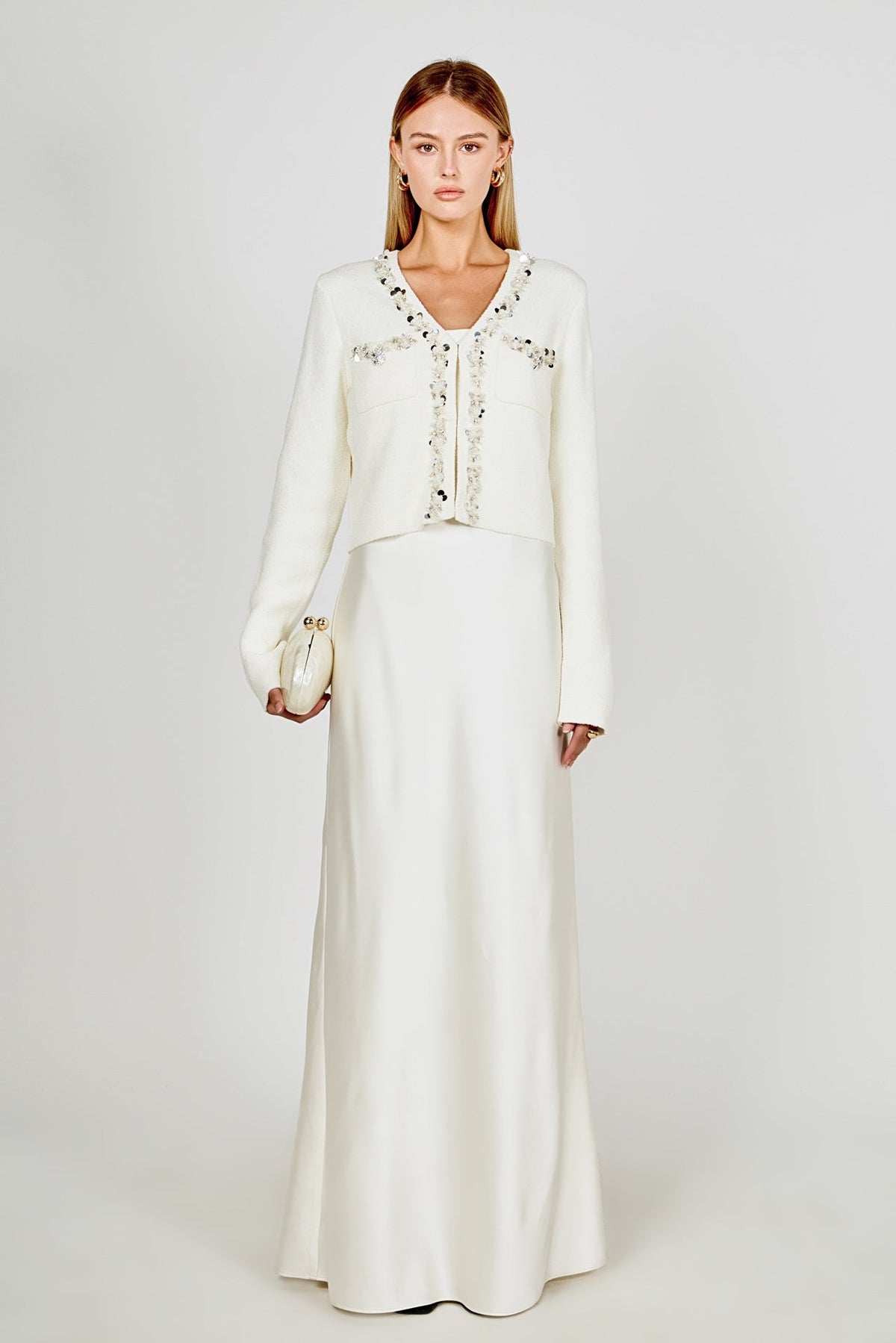 Boucle Knit Jewel Trim Cardigan