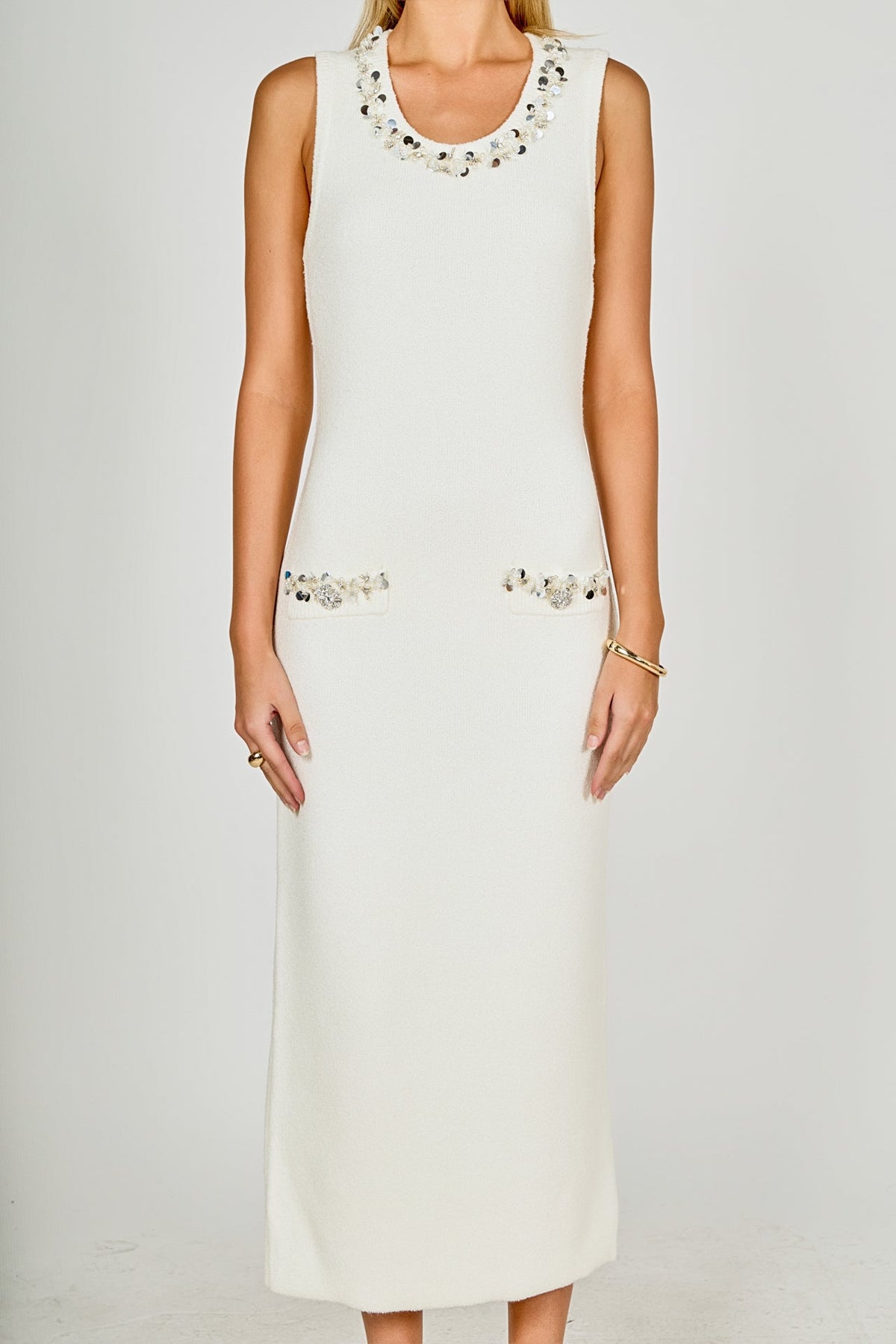 Boucle Knit Jewel Trim Midi Dress