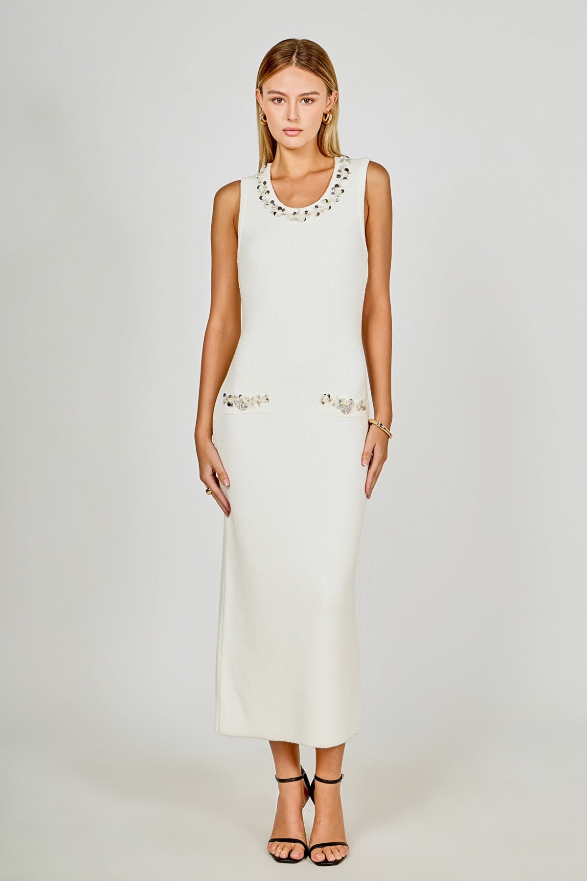 Boucle Knit Jewel Trim Midi Dress