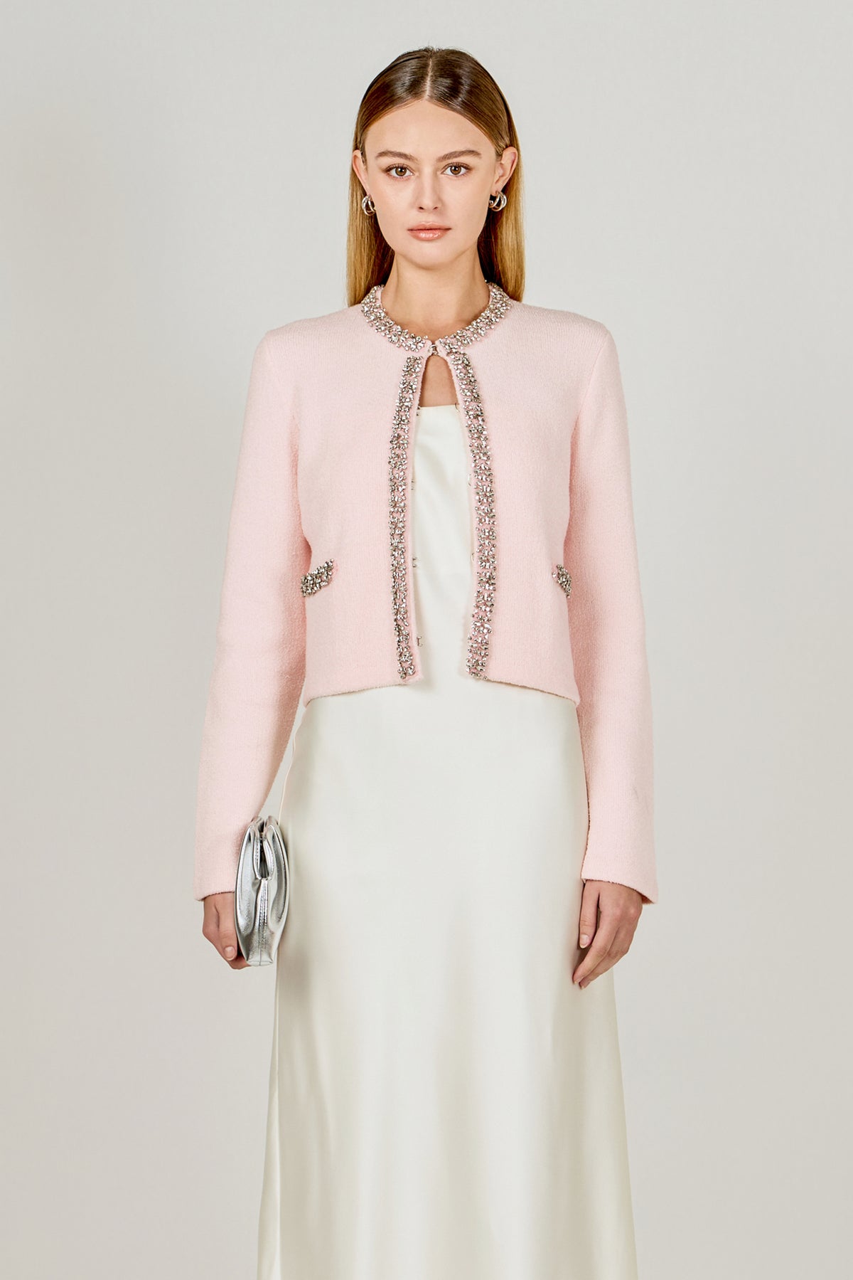 Boucle Knit Jewel Trim Sweater Cardigan