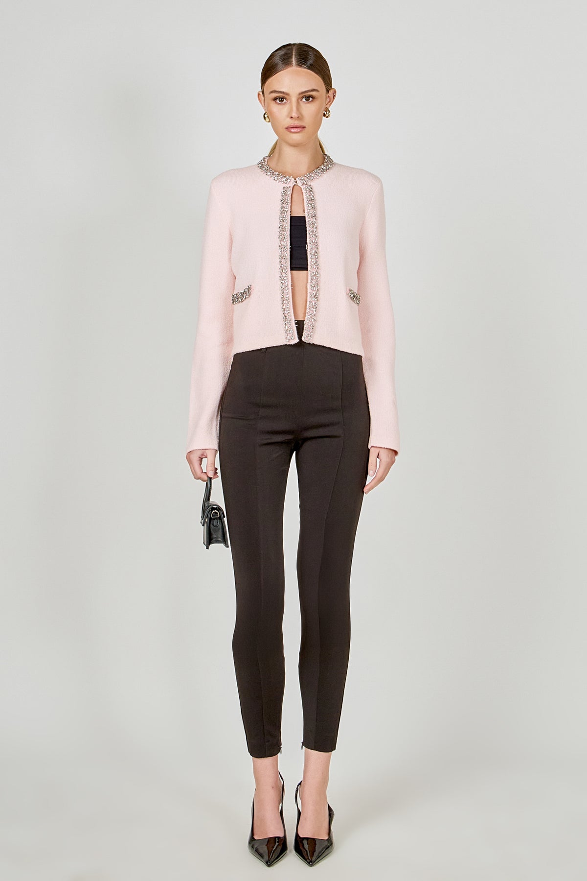 Boucle Knit Jewel Trim Sweater Cardigan