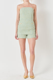 Tweed Gold Buttoned Strapless Long Top