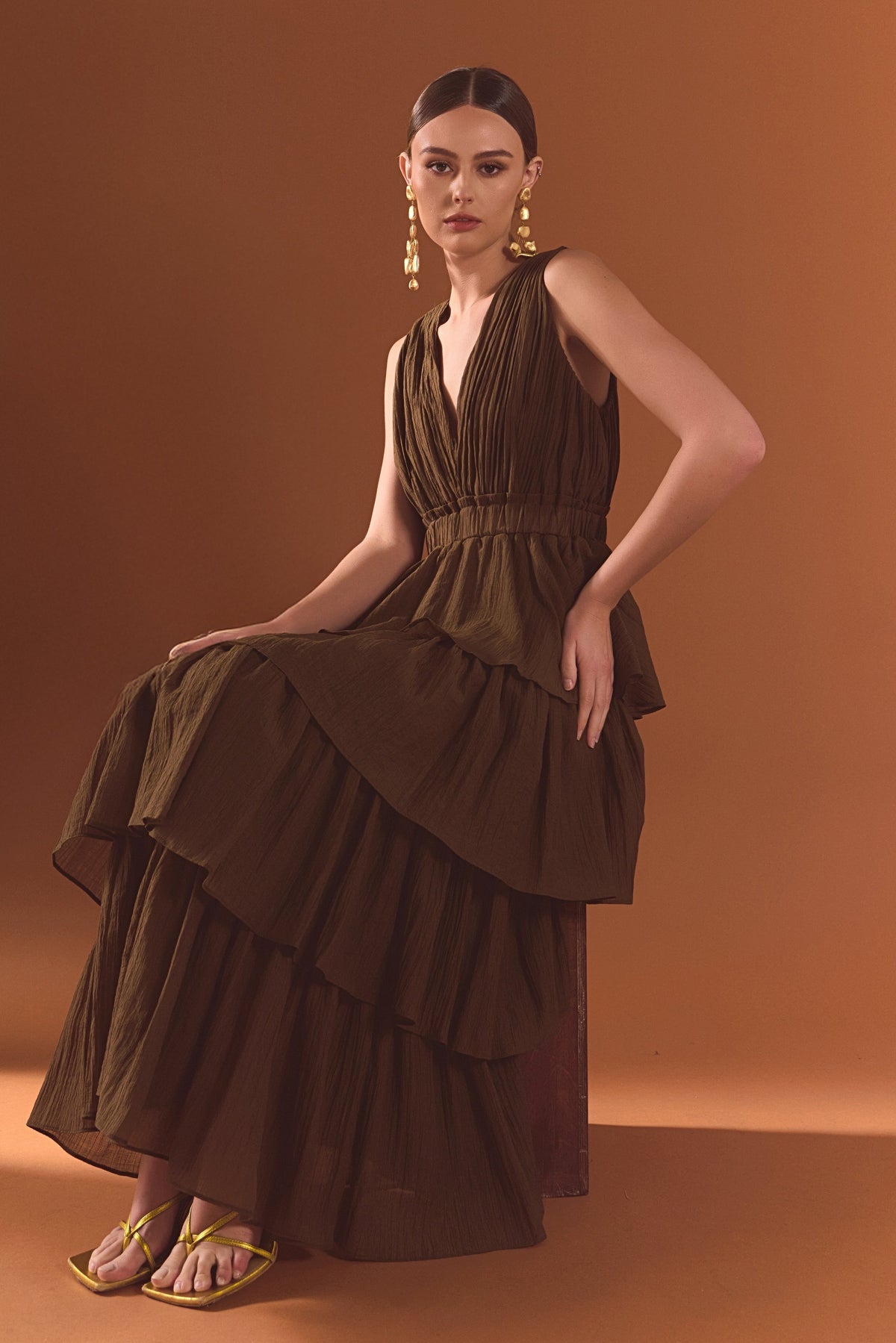 Crinkled Deep V Tiered Maxi Dress