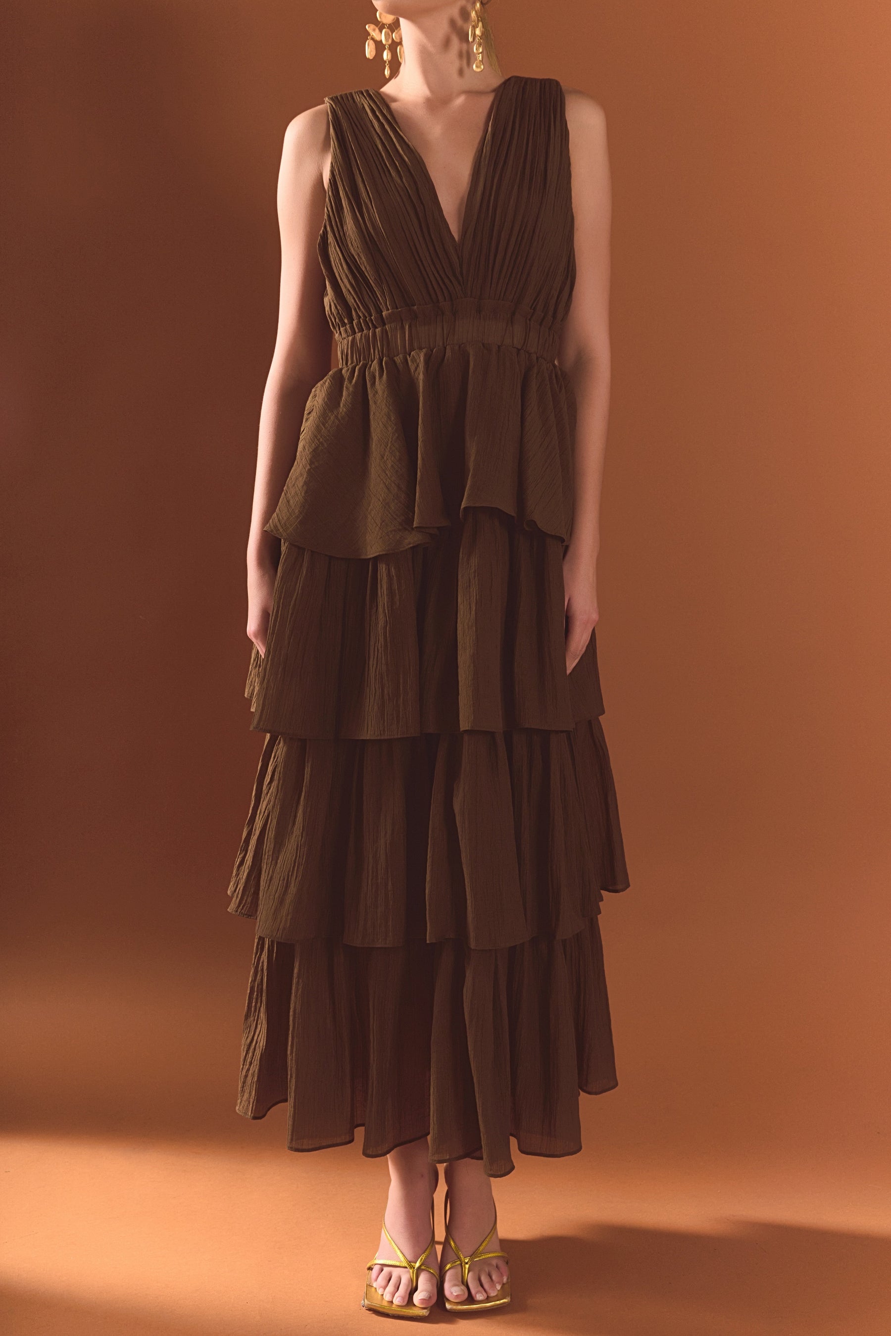 Crinkled Deep V Tiered Maxi Dress