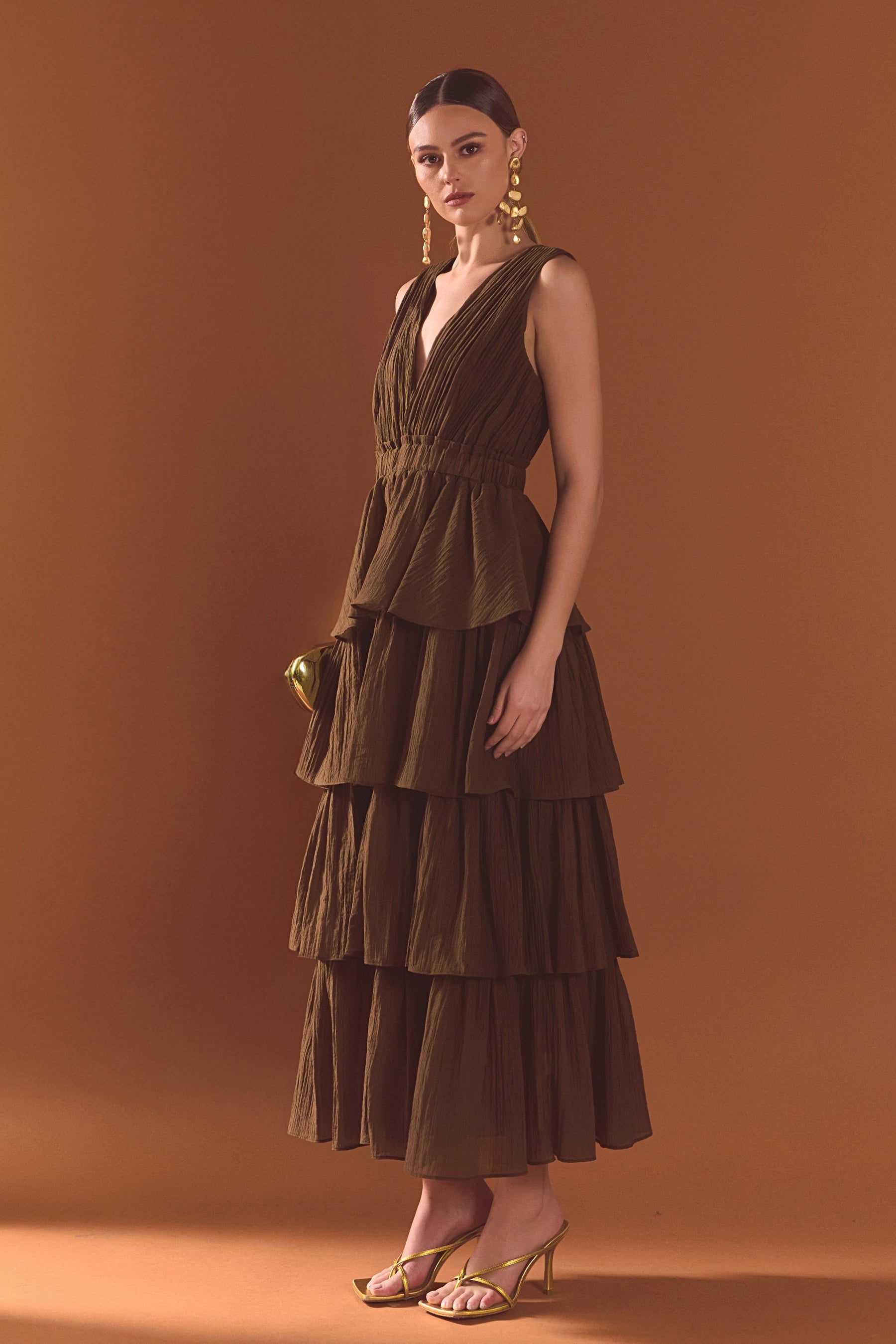Crinkled Deep V Tiered Maxi Dress