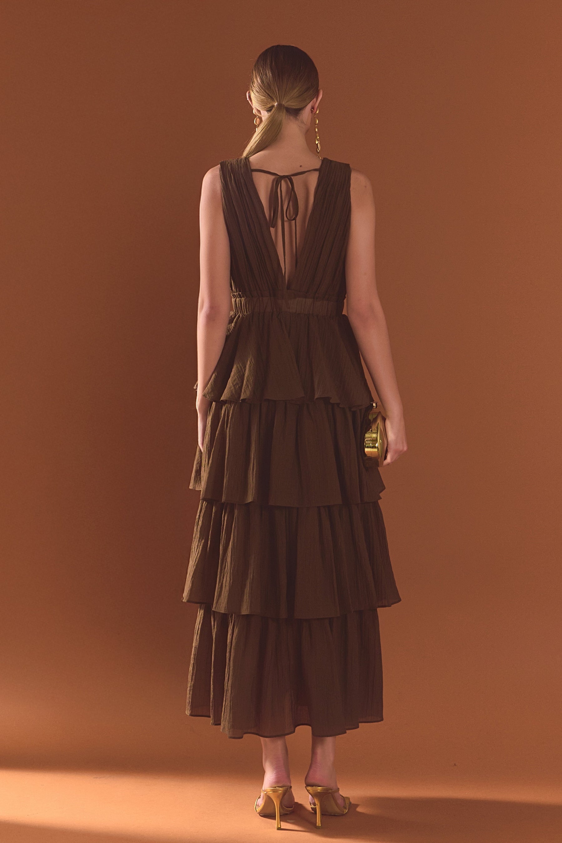 Crinkled Deep V Tiered Maxi Dress