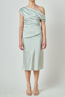 A-Symmetrical Off The Shoulder Satin Top