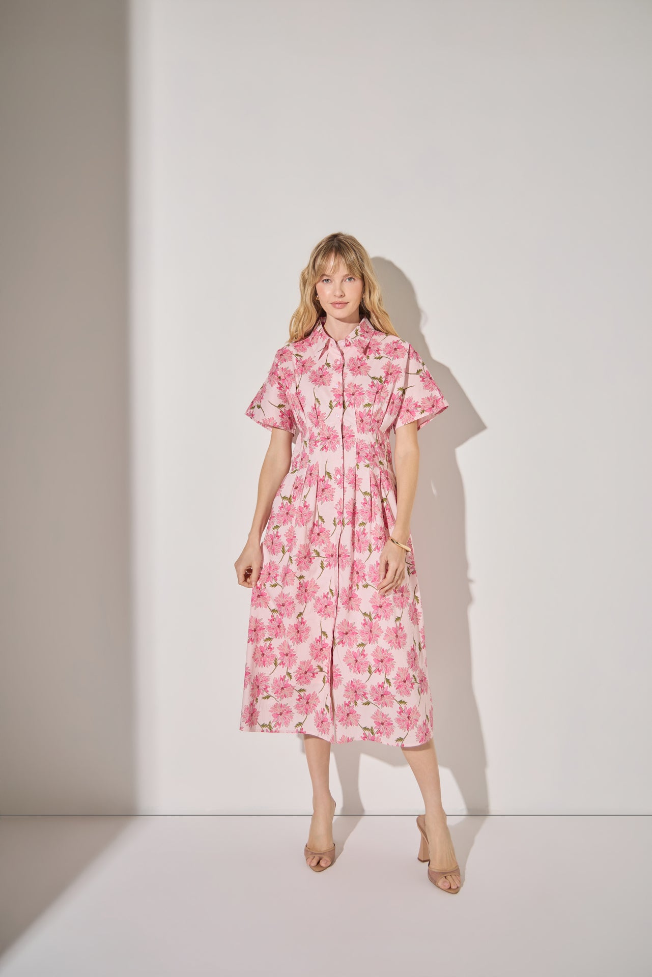 Buttoned Collared Floral Print Midi Dress
