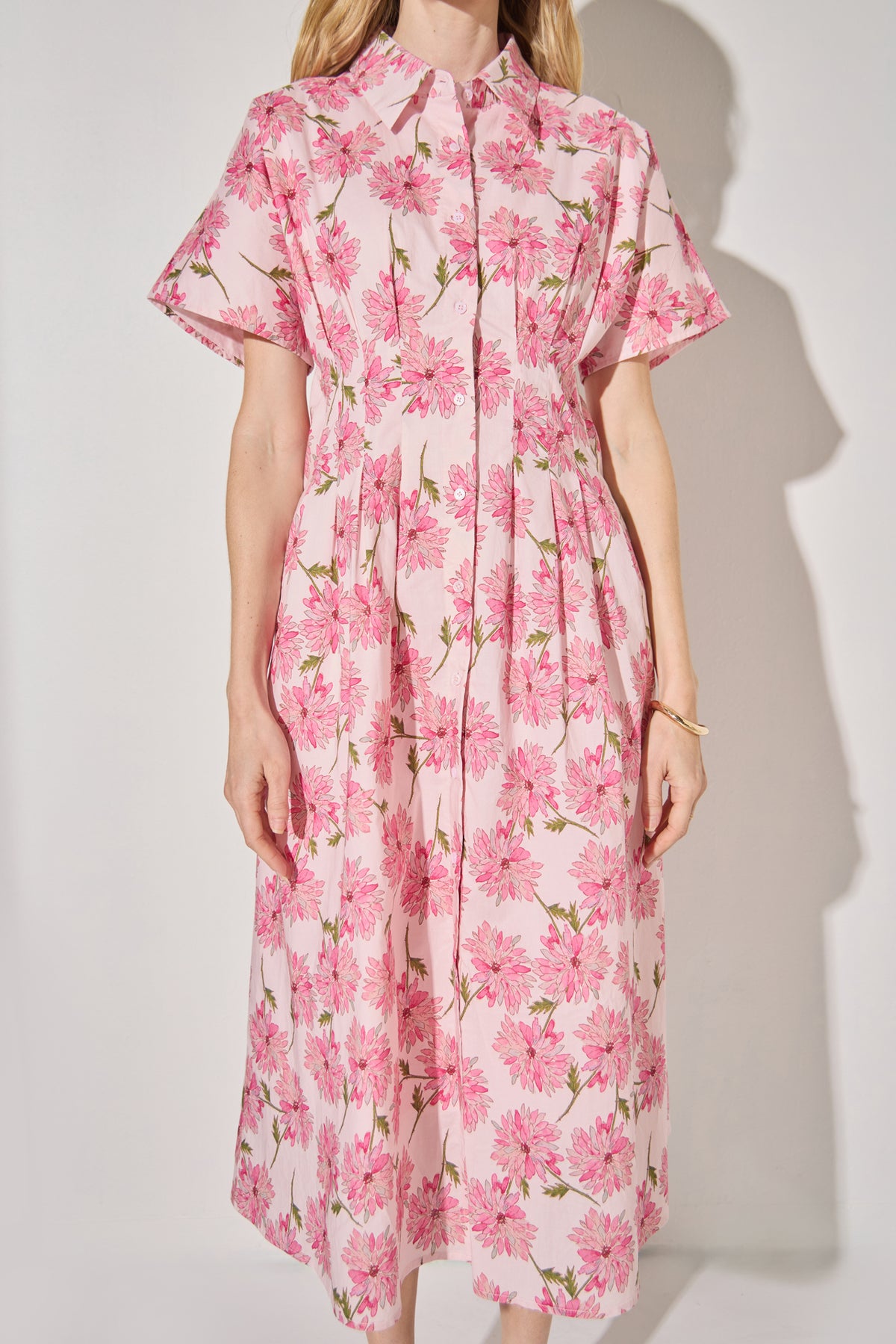 Buttoned Collared Floral Print Midi Dress