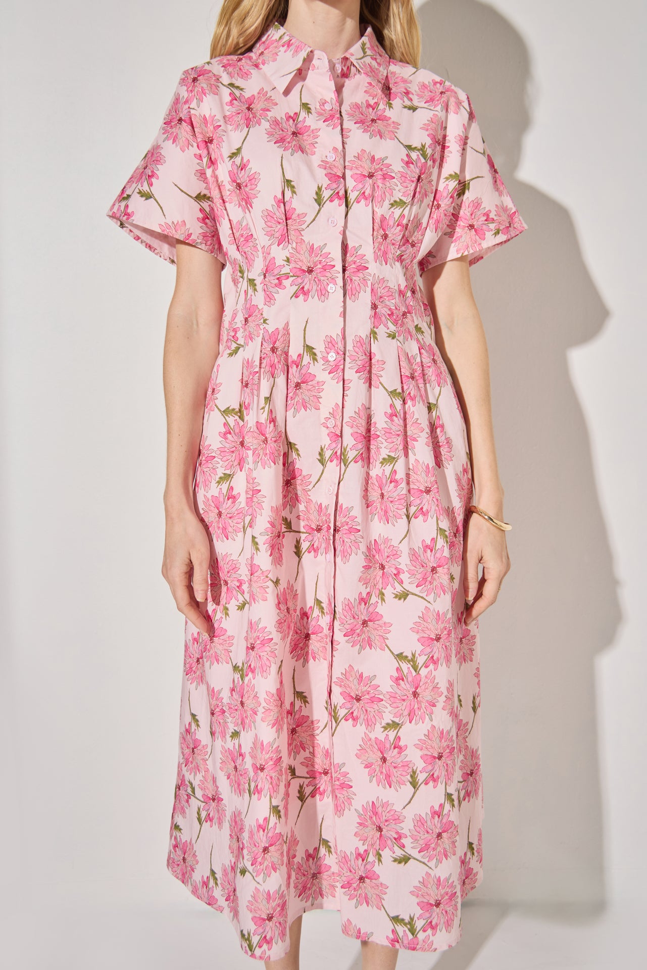 Buttoned Collared Floral Print Midi Dress