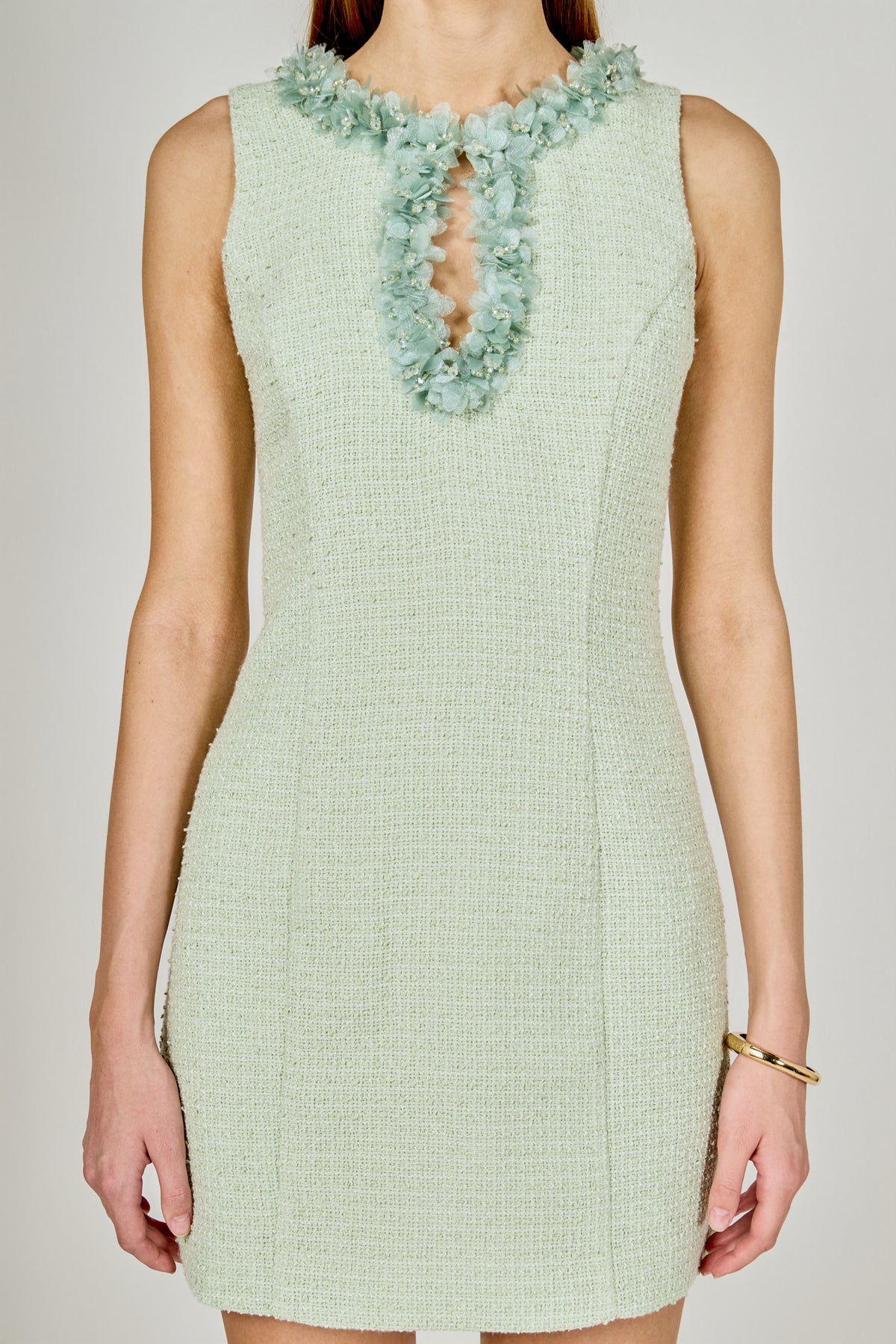 Tweed Racerback Floral Trim Mini Dress