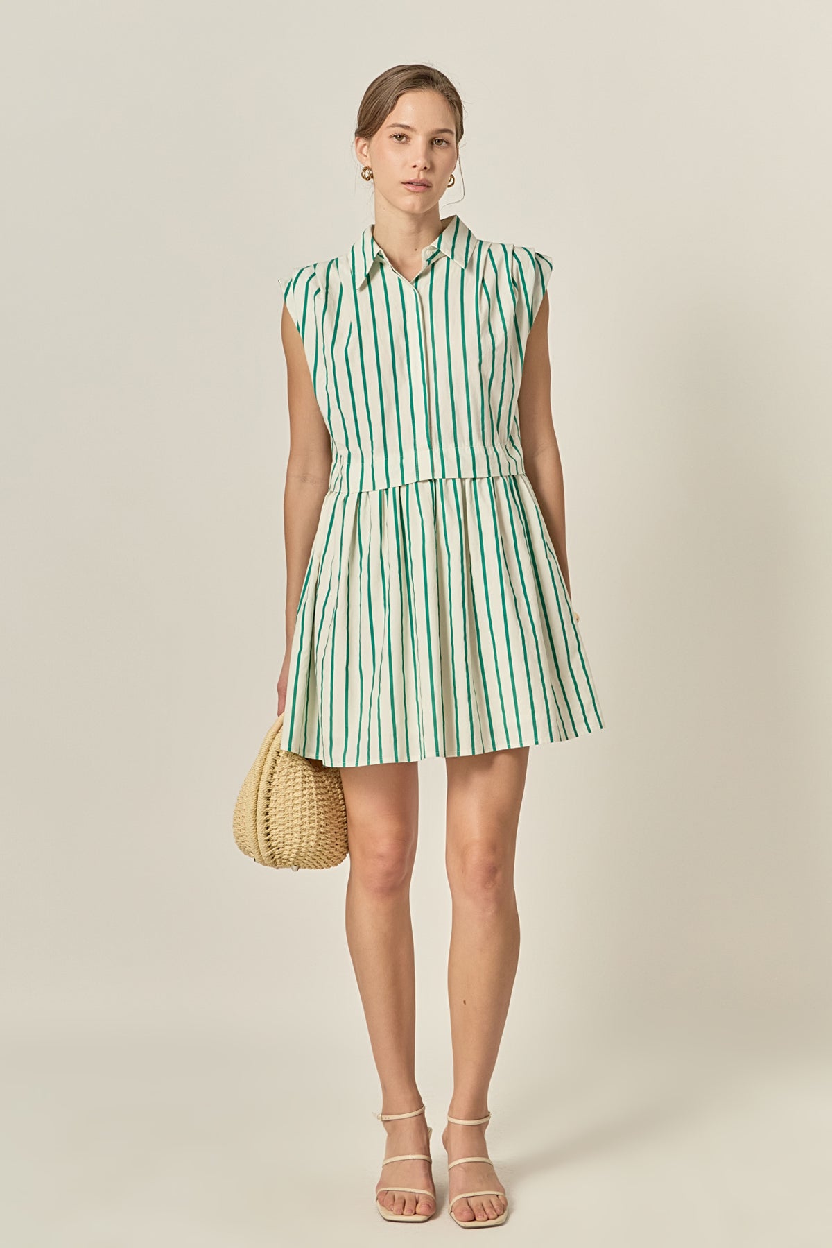 Striped Pleated Shoulder Shirt Mini Dress