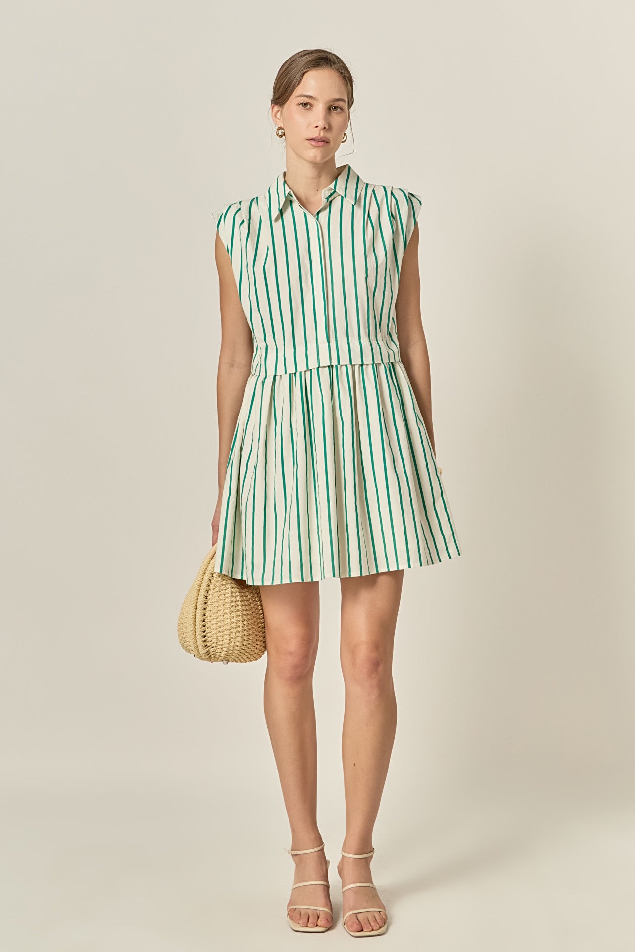 Striped Pleated Shoulder Shirt Mini Dress