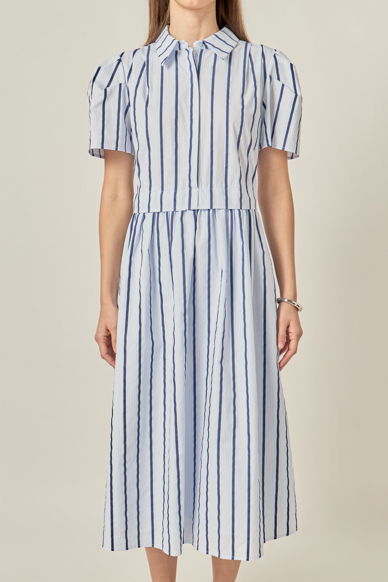 Striped Pleated Shoulder Shirt Midi Dress