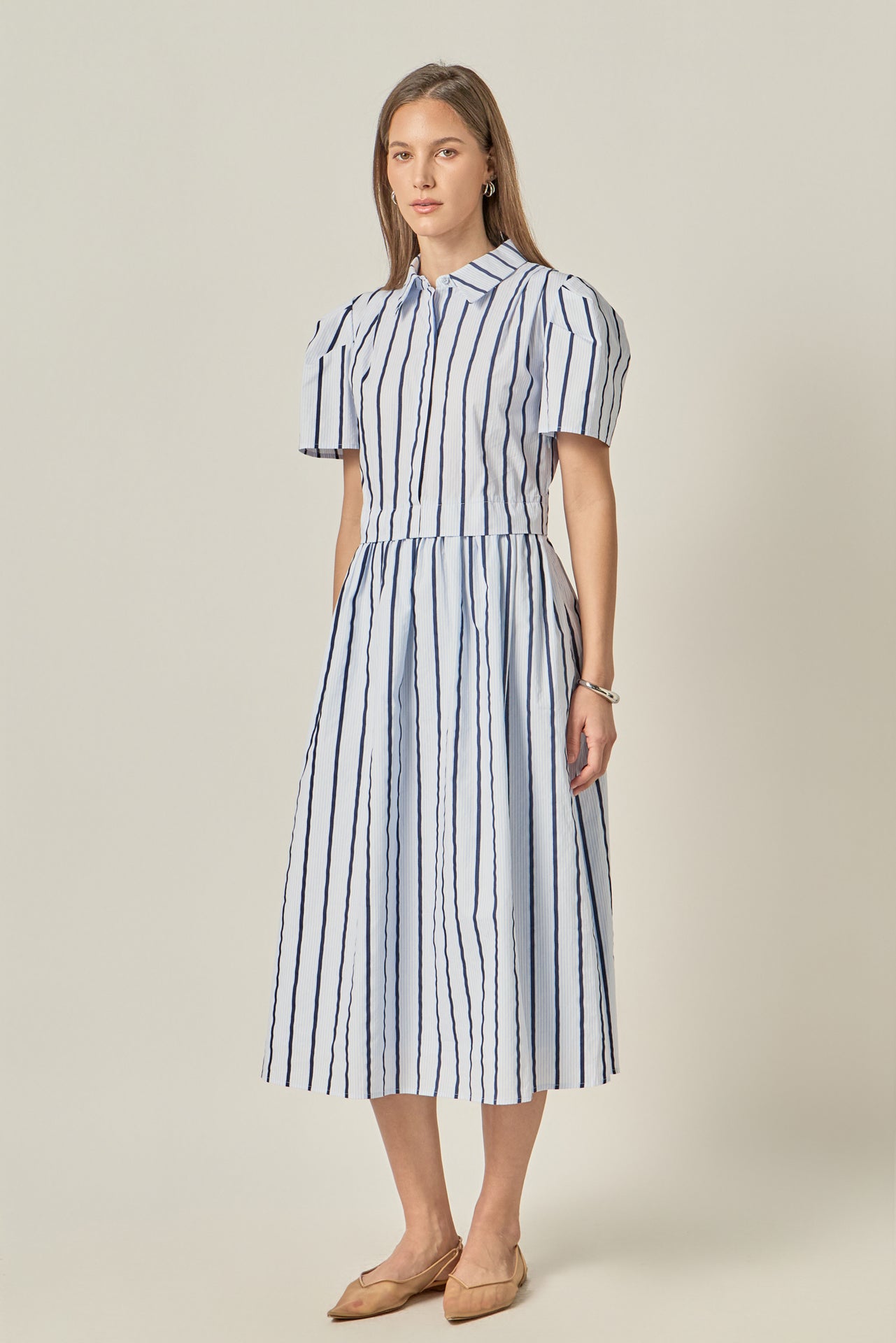 Striped Pleated Shoulder Shirt Midi Dress