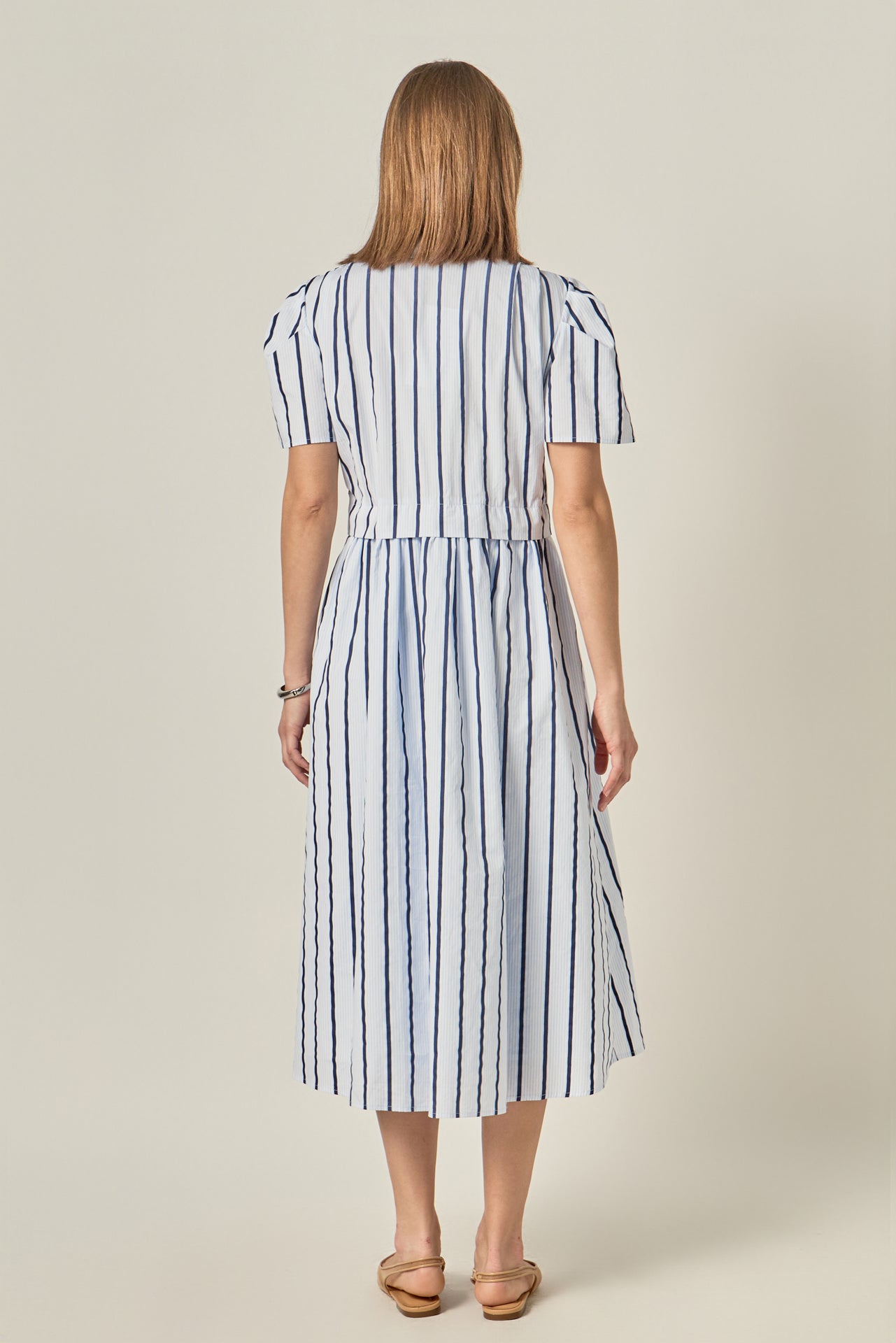 Striped Pleated Shoulder Shirt Midi Dress