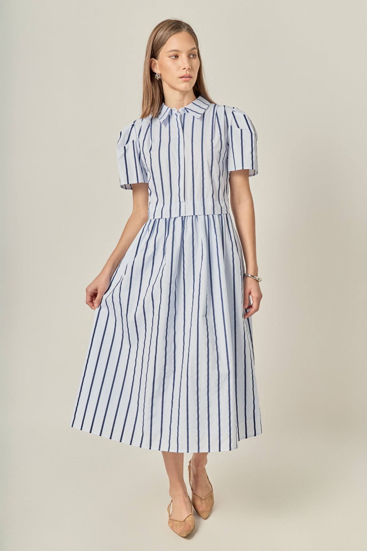 Striped Pleated Shoulder Shirt Midi Dress