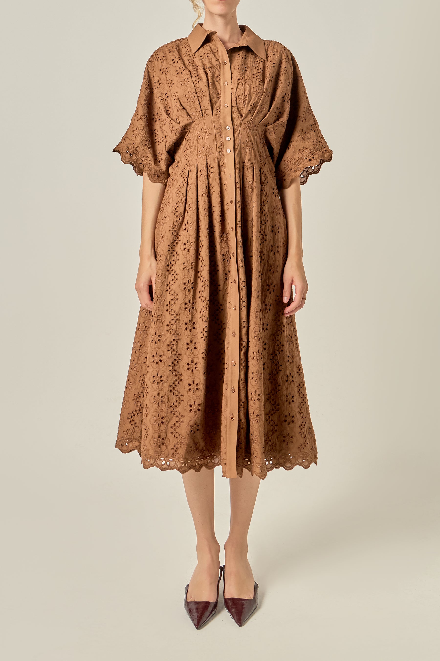 Cinched Waist Eyelet Midi Dress