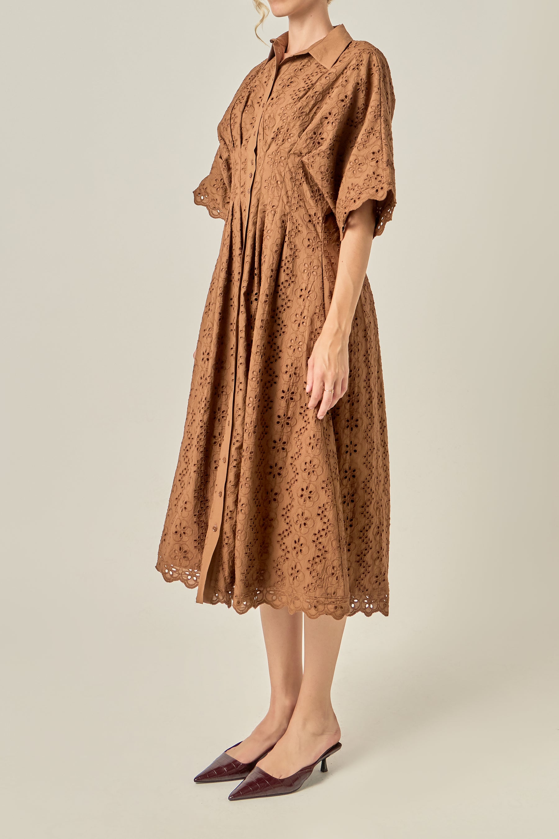 Cinched Waist Eyelet Midi Dress