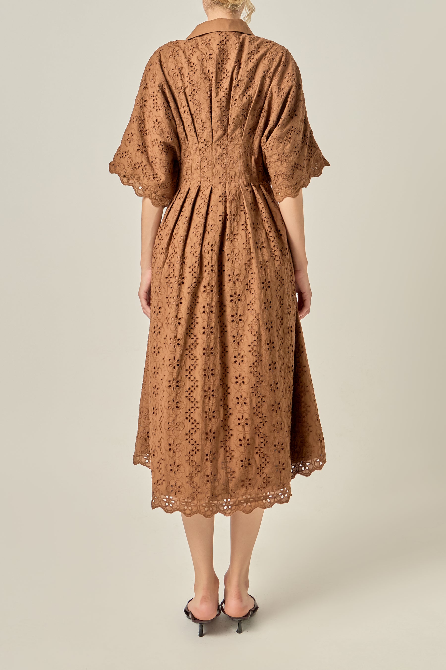 Cinched Waist Eyelet Midi Dress