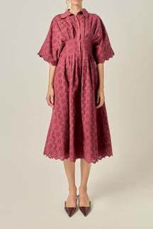 Cinched Waist Eyelet Midi Dress