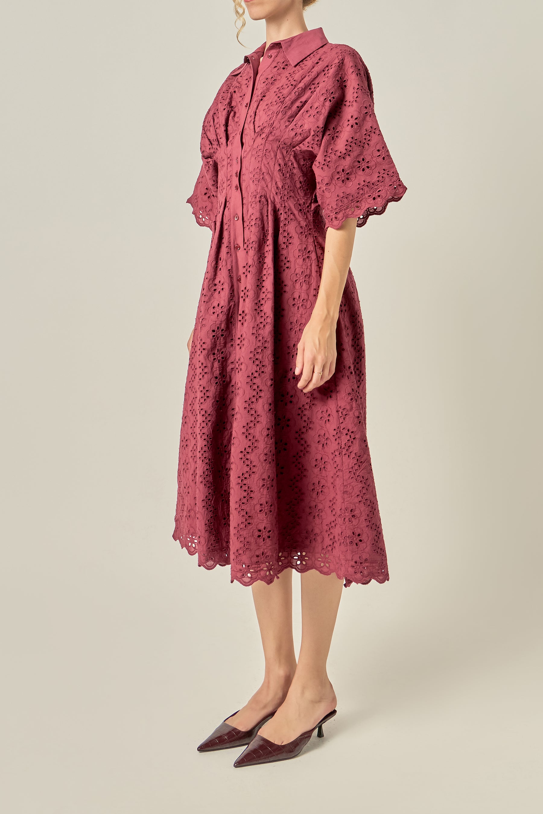 Cinched Waist Eyelet Midi Dress