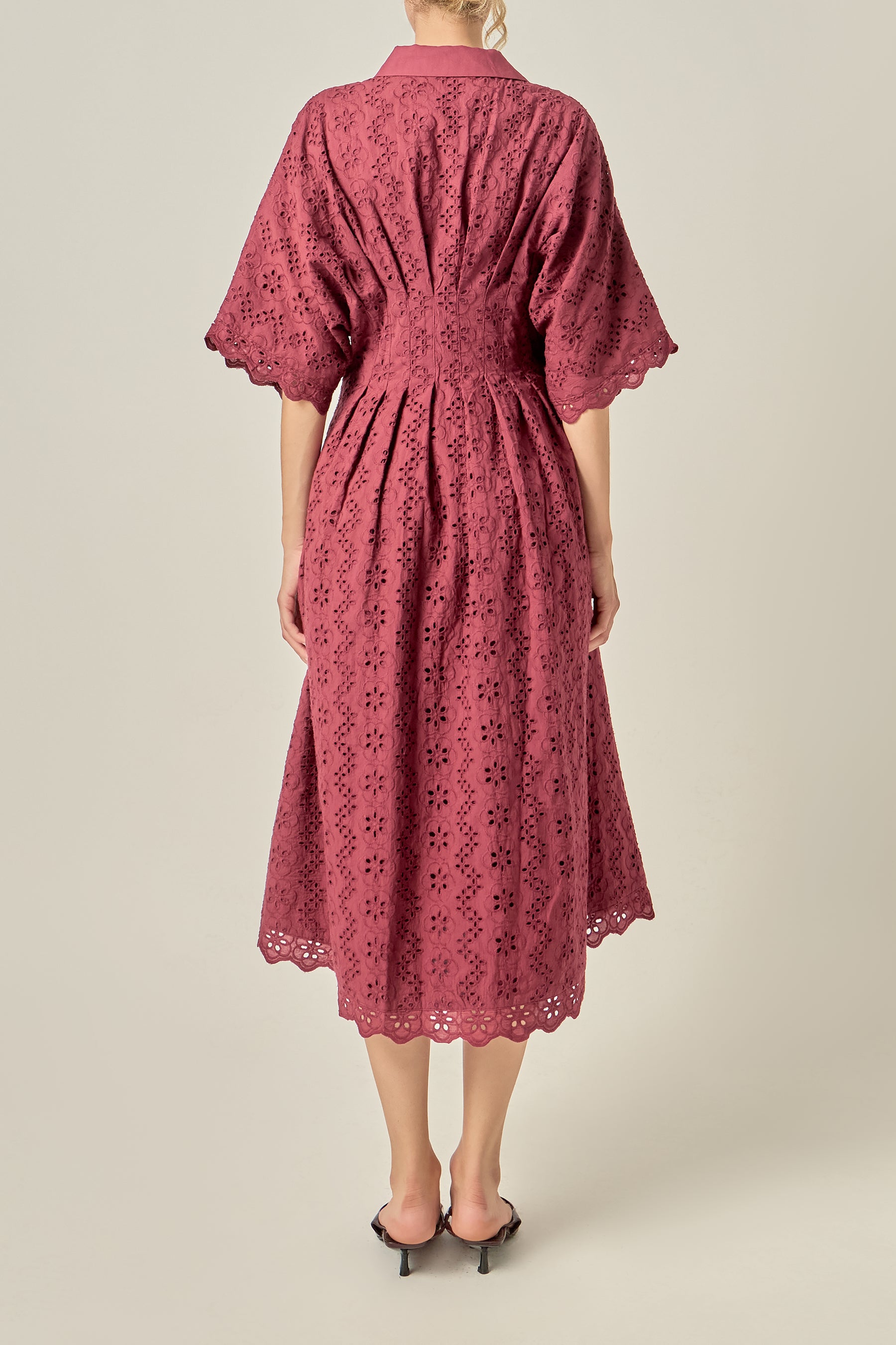 Cinched Waist Eyelet Midi Dress