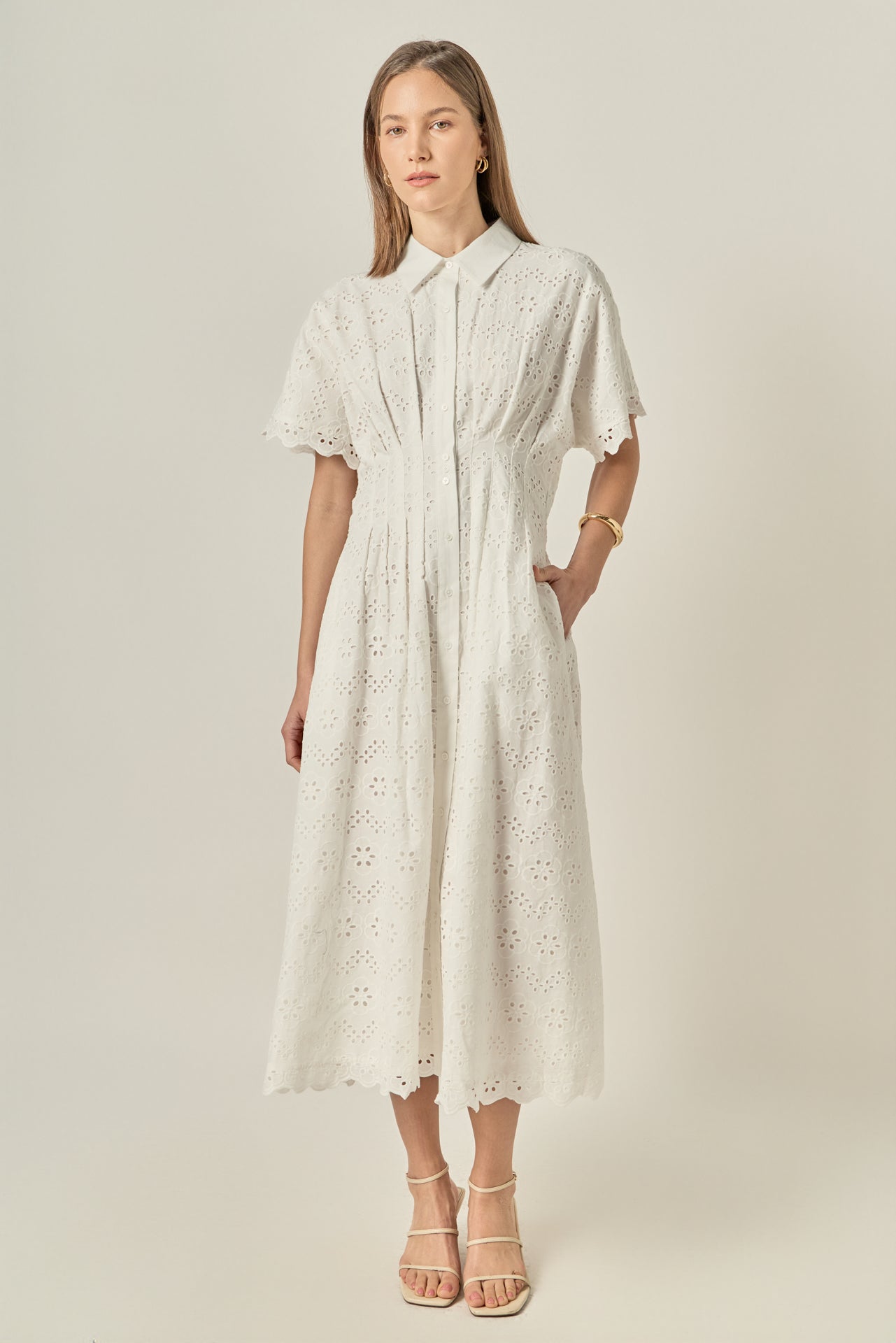 Cinched Waist Eyelet Midi Dress