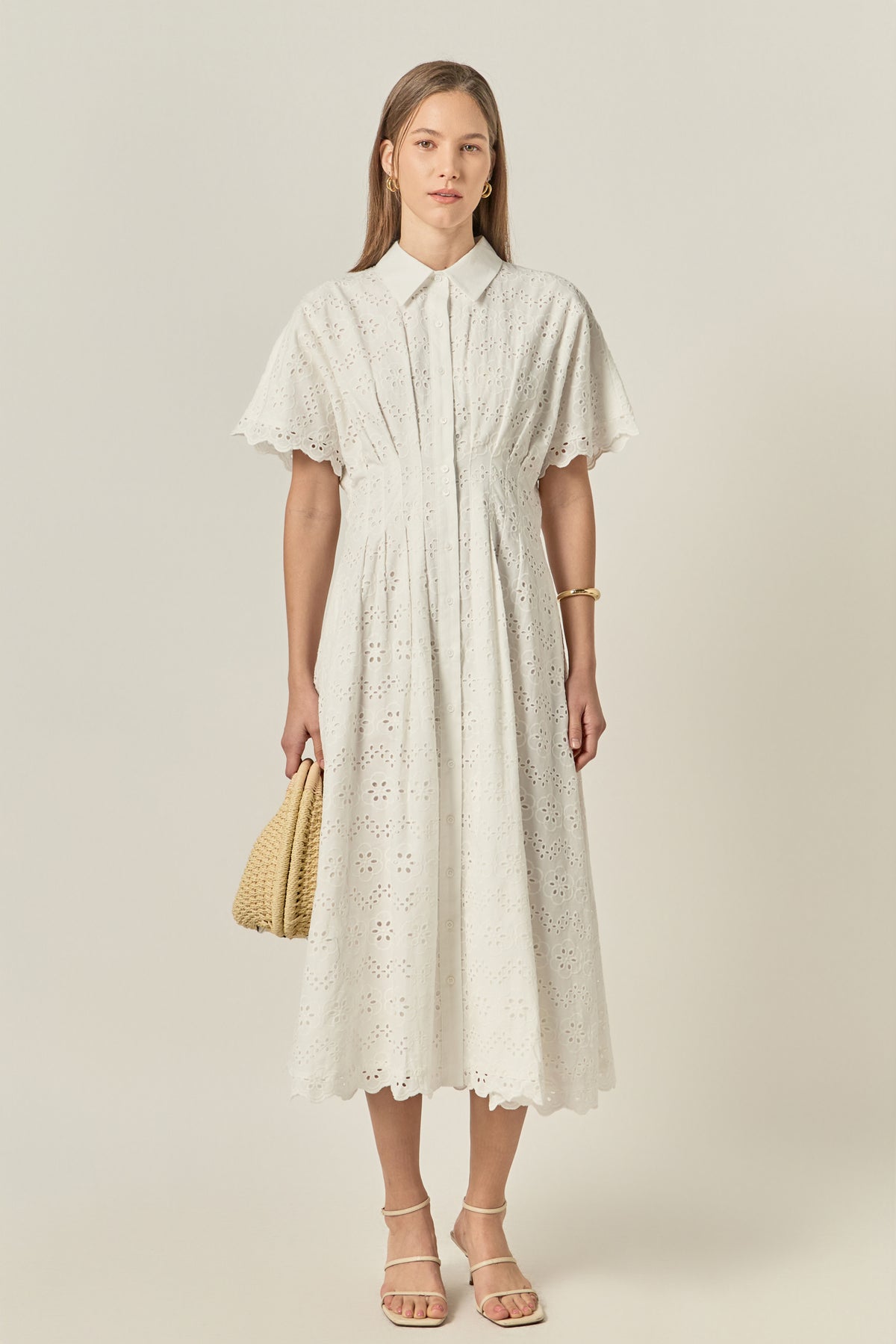 Cinched Waist Eyelet Midi Dress