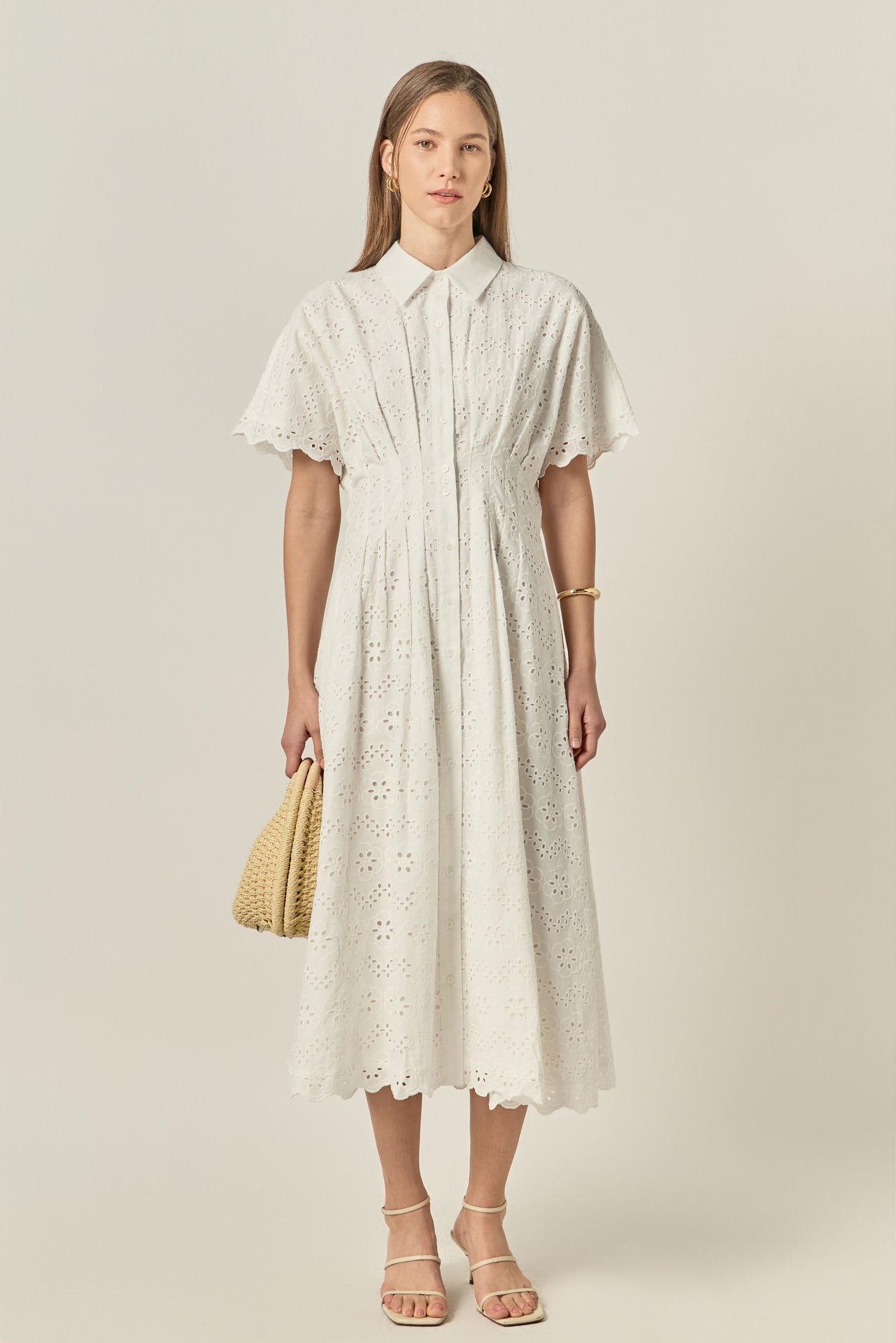 Cinched Waist Eyelet Midi Dress