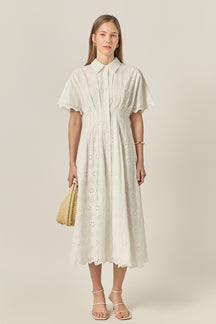 Cinched Waist Eyelet Midi Dress