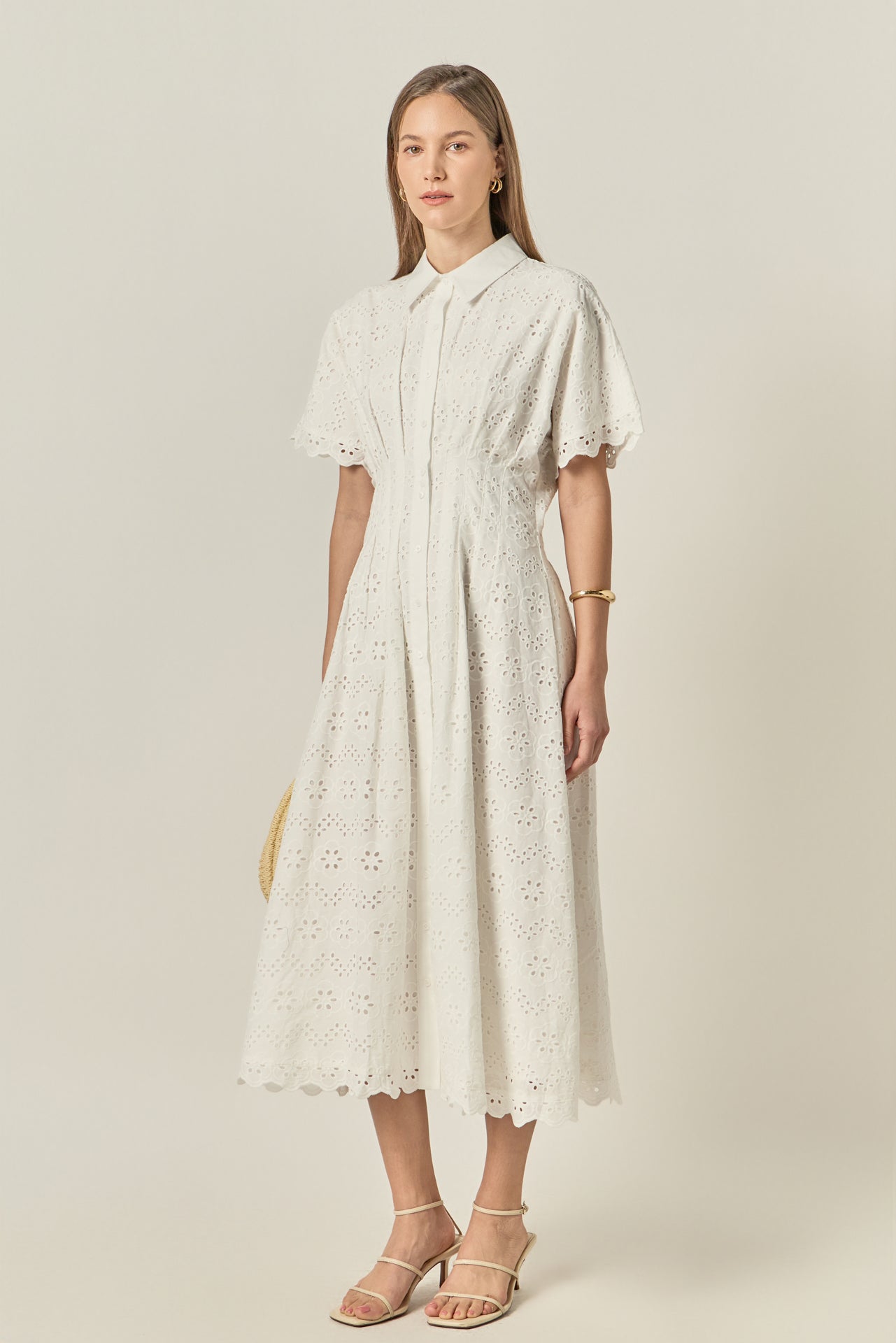 Cinched Waist Eyelet Midi Dress