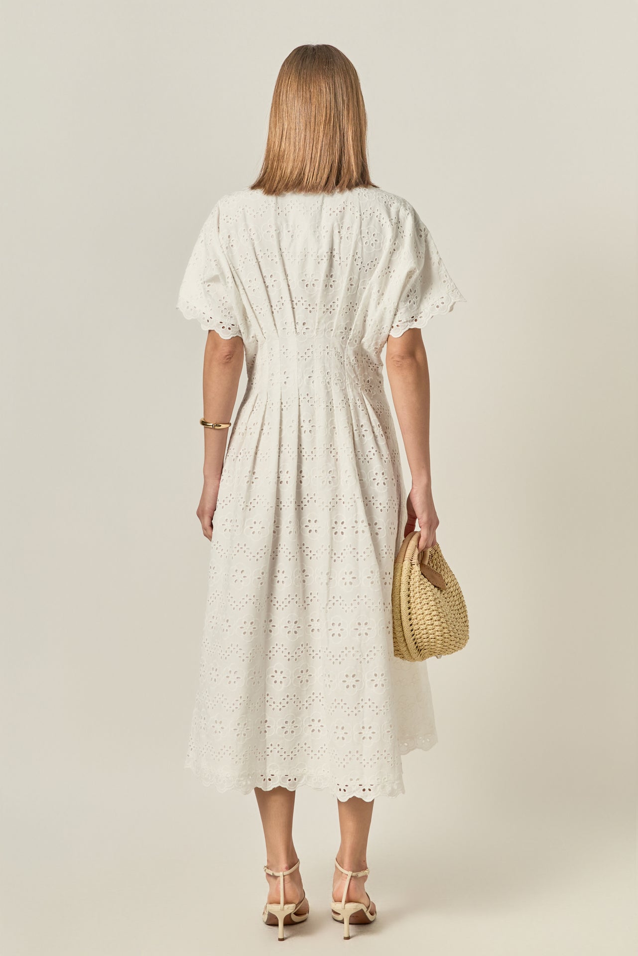Cinched Waist Eyelet Midi Dress
