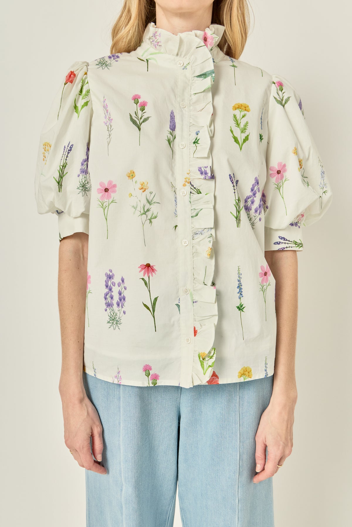 Ruffle Neck Button Down Blouse