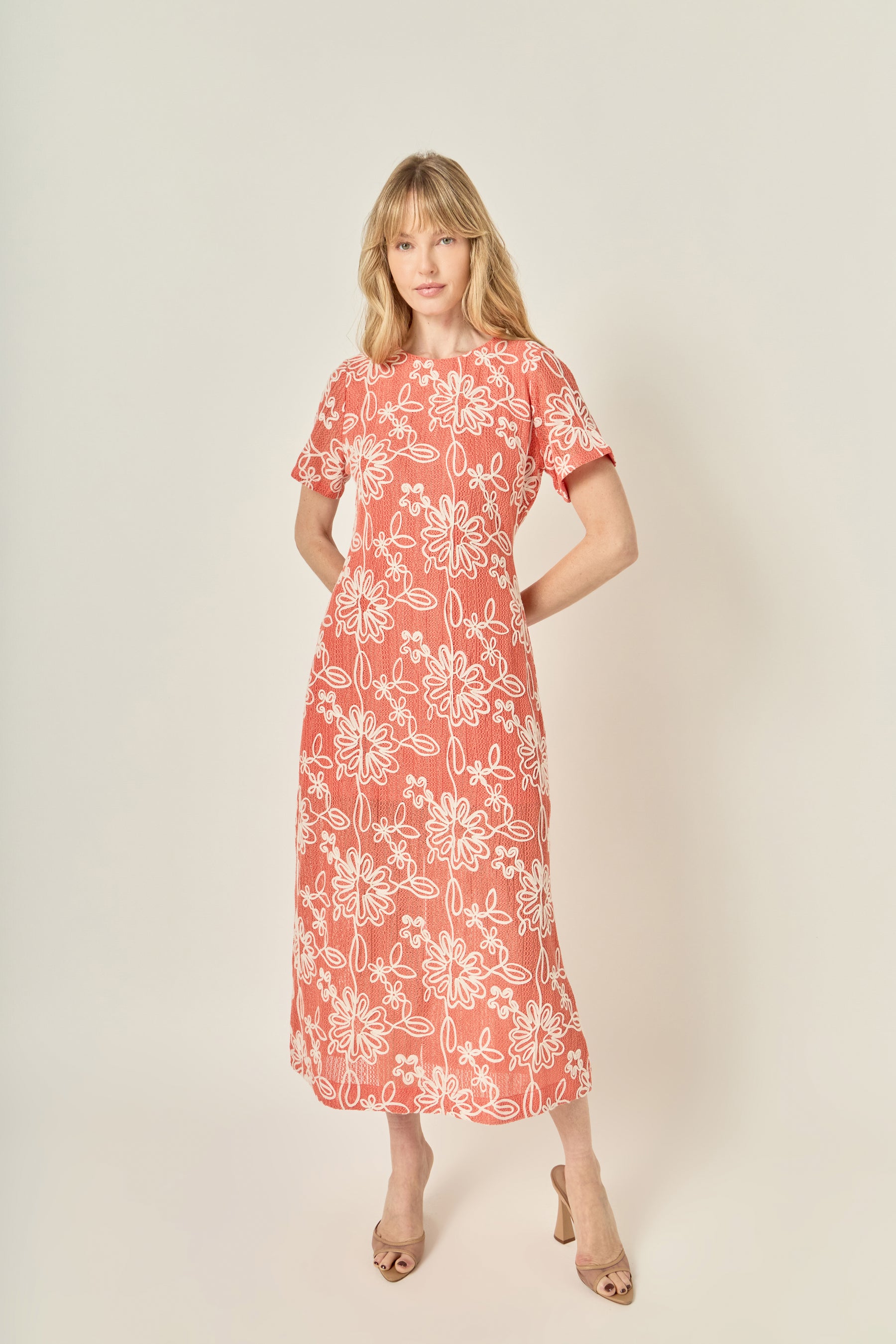 Floral Embroidered Short Sleeve Midi Dress