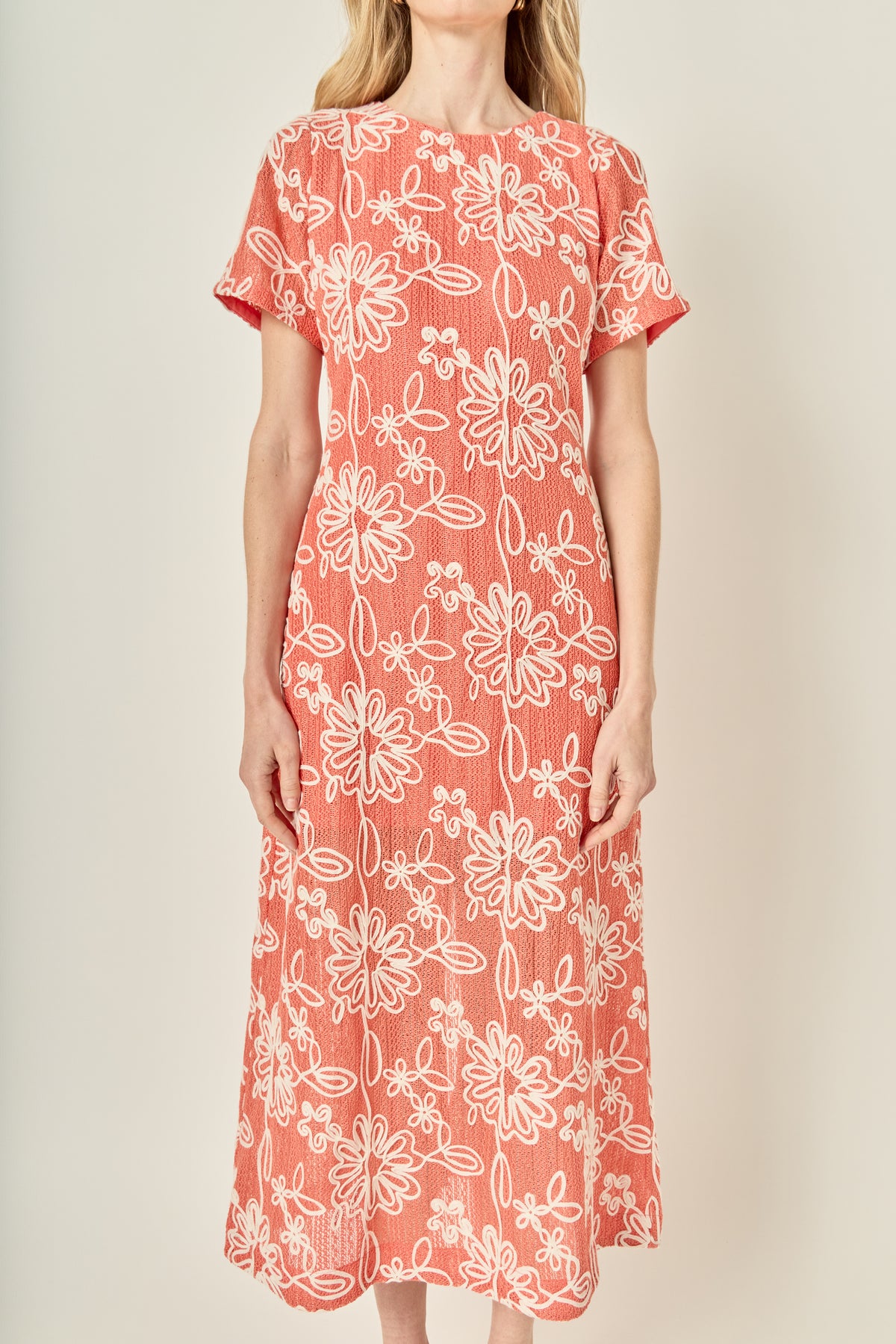 Floral Embroidered Short Sleeve Midi Dress