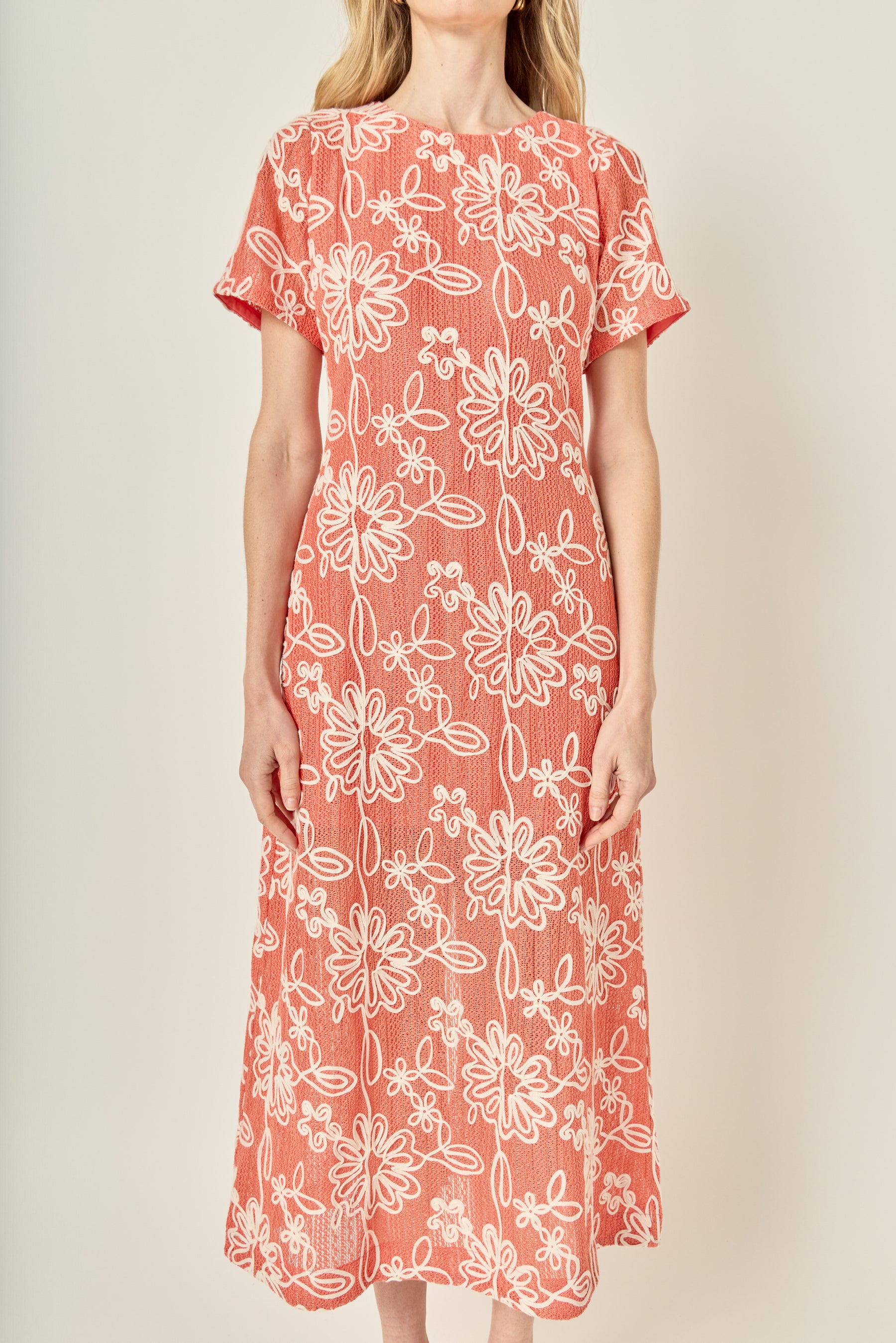 Floral Embroidered Short Sleeve Midi Dress