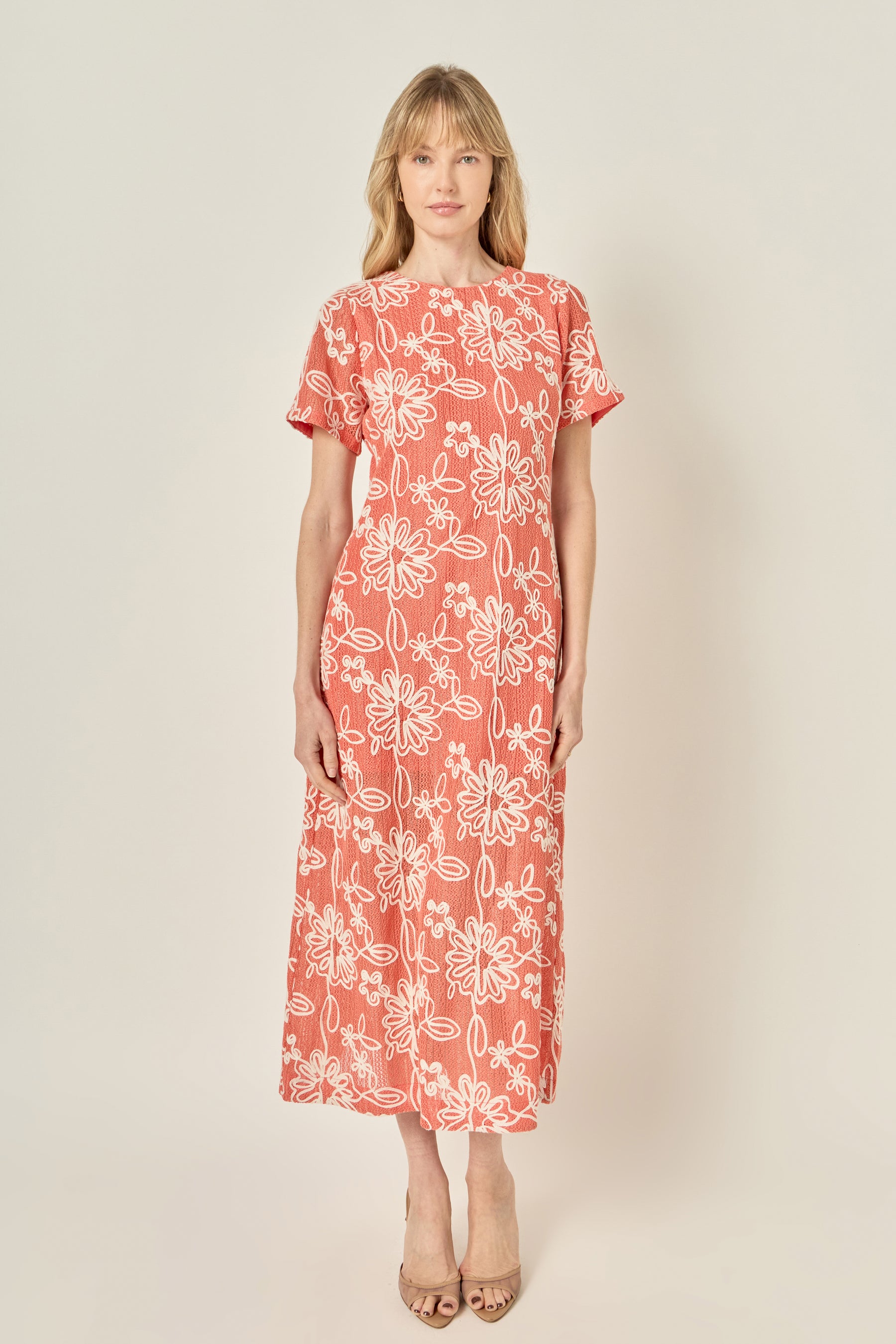 Floral Embroidered Short Sleeve Midi Dress