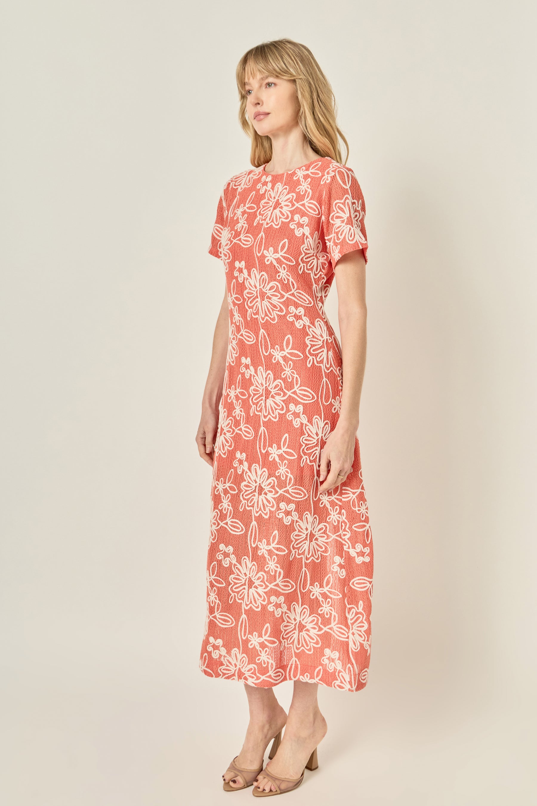 Floral Embroidered Short Sleeve Midi Dress