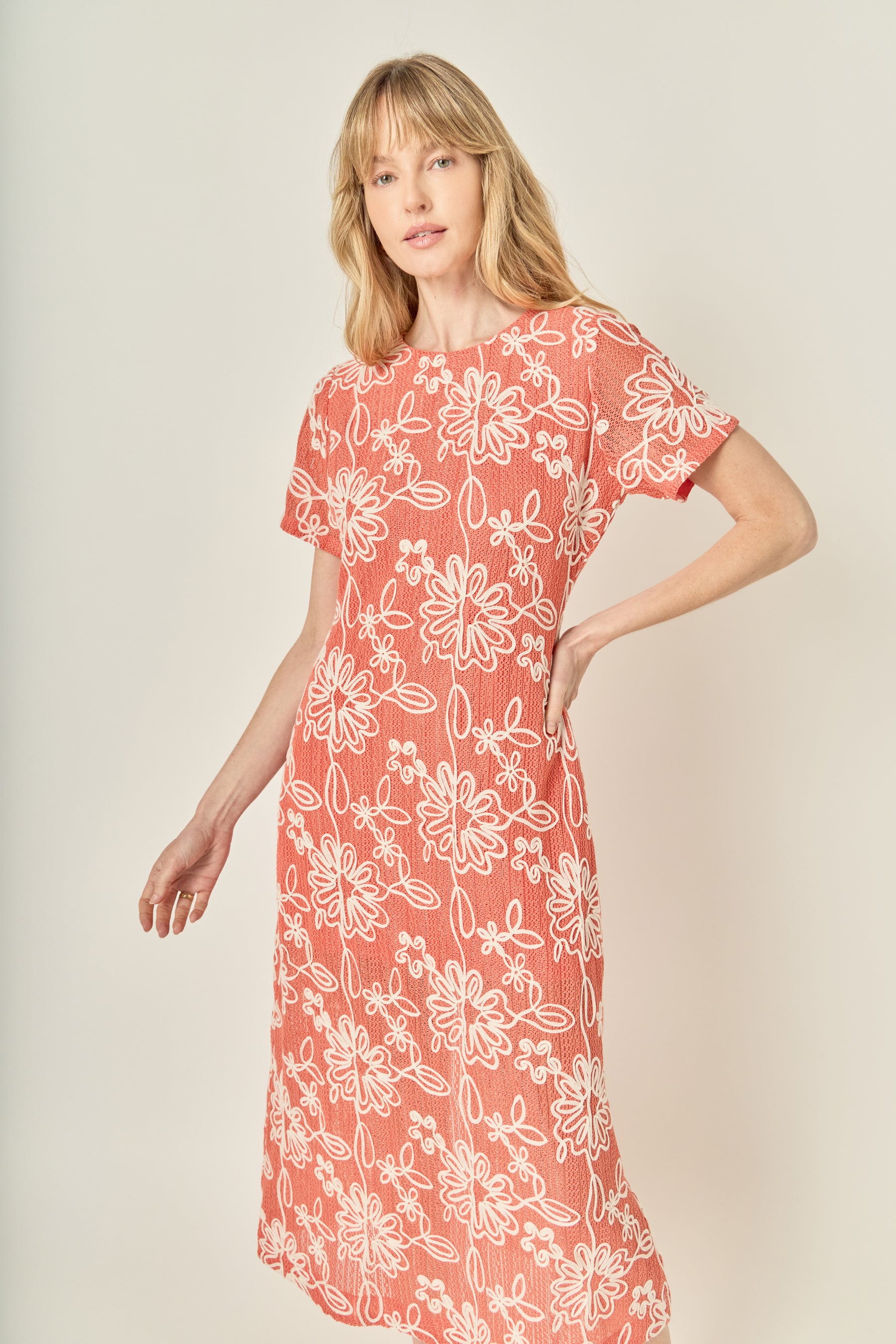 Floral Embroidered Short Sleeve Midi Dress
