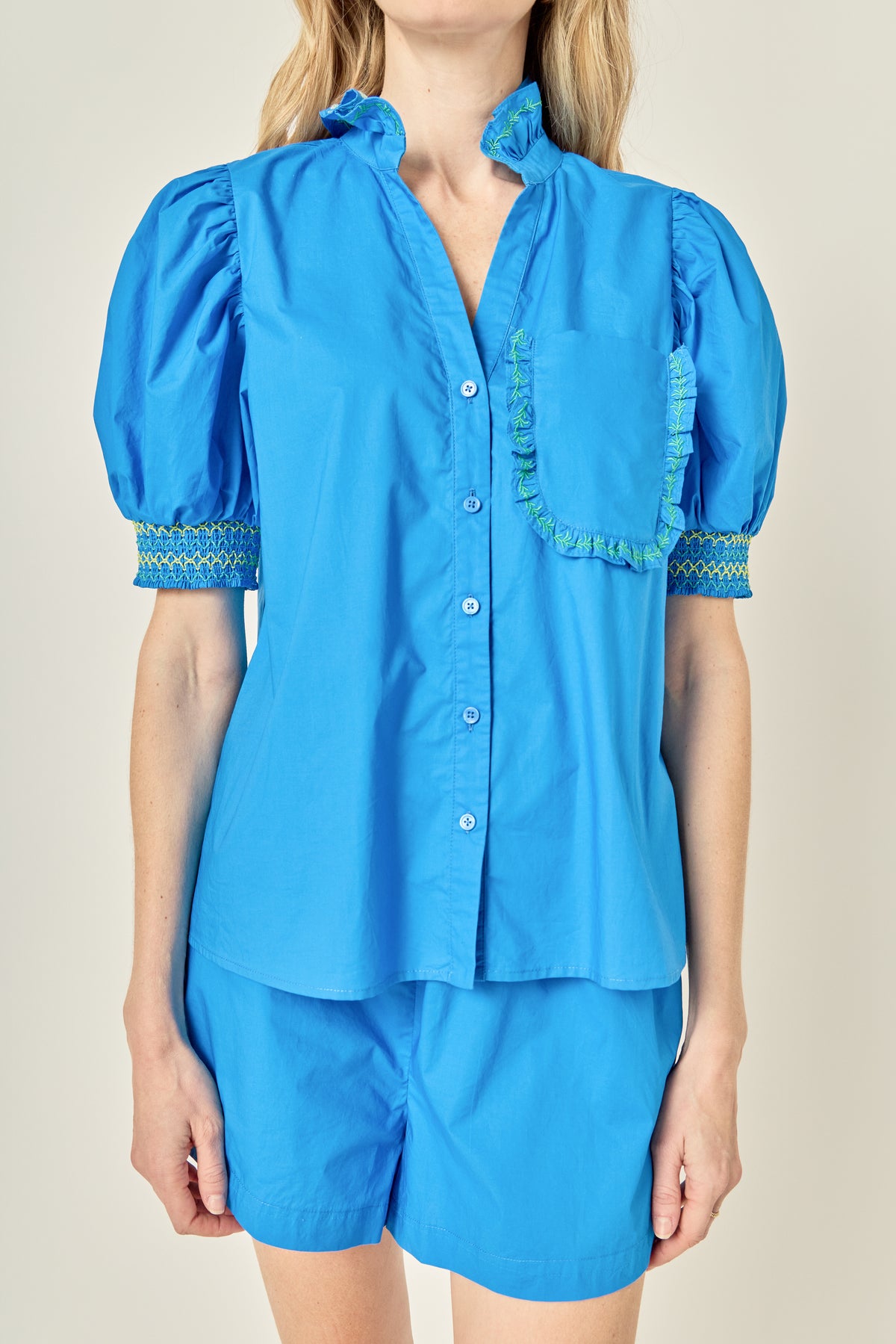 Puff Sleeve Ruffle Neck Top