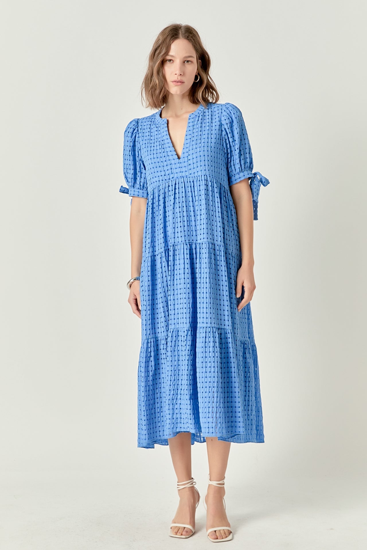 light blue cocktail dress Gingham Tiered Midi Dress