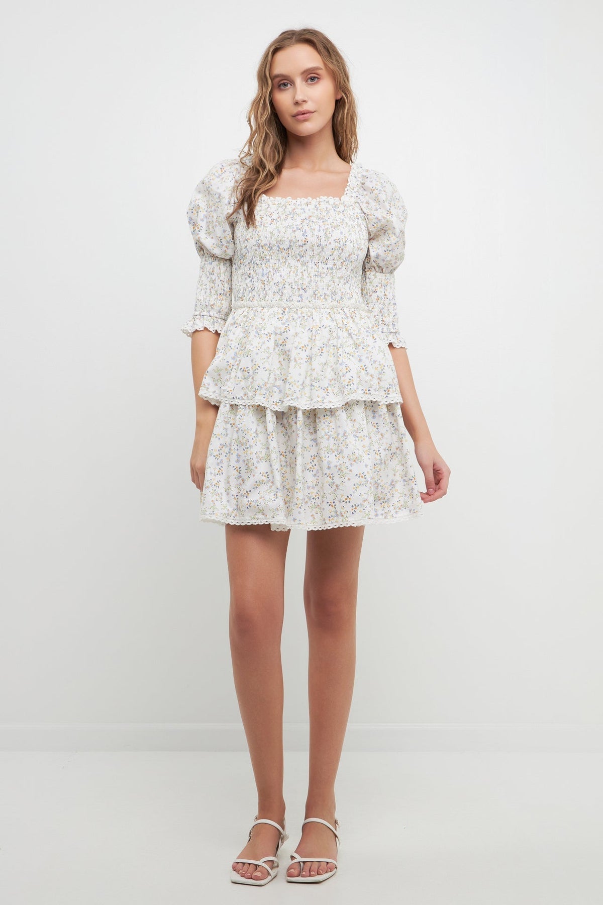 FREE THE ROSES - Lace Trim Floral Print Smocked Sleeve Mini Dress - DRESSES available at Objectrare