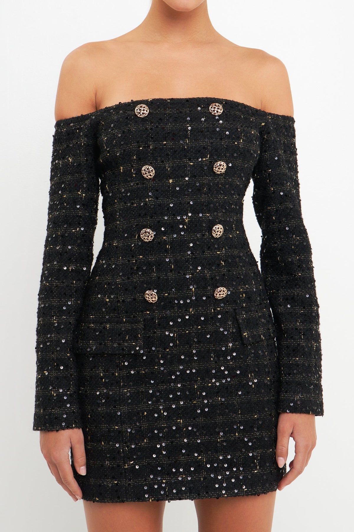 ENDLESS ROSE - Off-The-Shoulder Tweed Mini Dress - DRESSES available at Objectrare