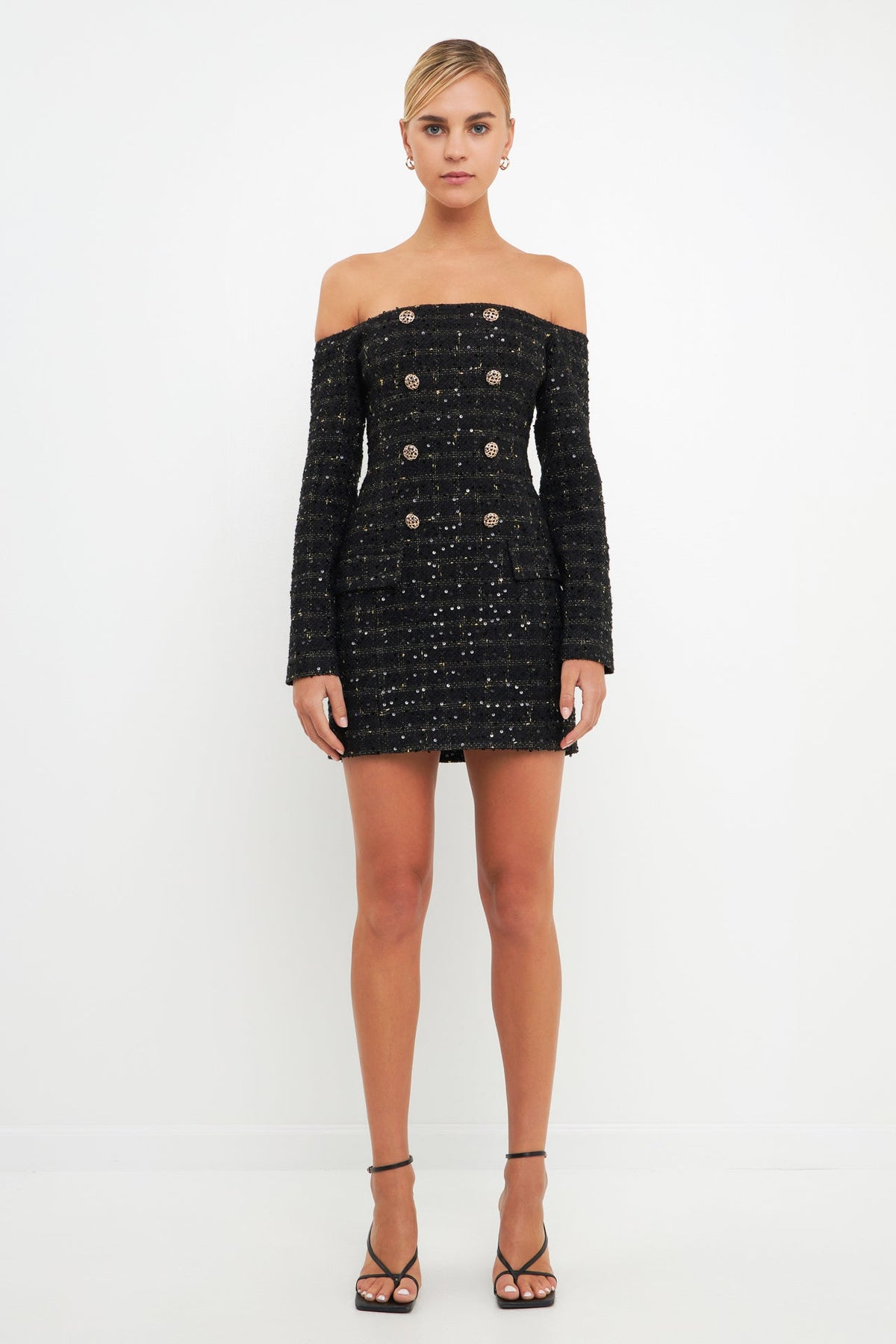 ENDLESS ROSE - Off-The-Shoulder Tweed Mini Dress - DRESSES available at Objectrare