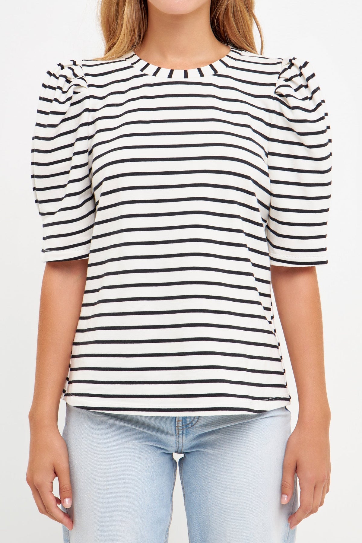 ENGLISH FACTORY - Stripe Knit Puffy sleeves Top - TOPS available at Objectrare