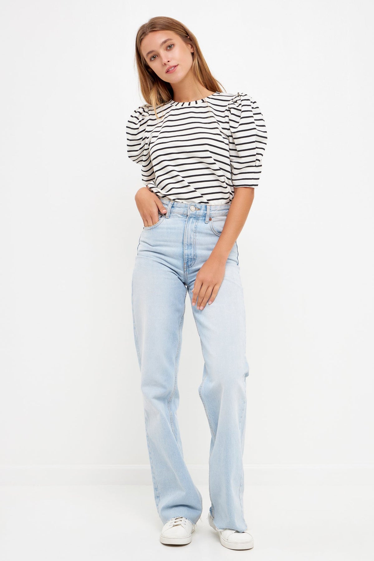 ENGLISH FACTORY - Stripe Knit Puffy sleeves Top - TOPS available at Objectrare